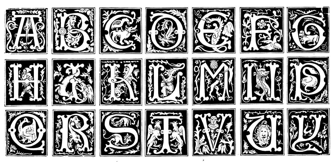 Alphabet letters represented in the Middle Ages, with varying patterns, styles and inspiration : plants, people (theater), animals, etc ...