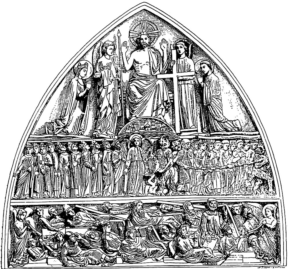 Etching of the pediment of a church, with many religious figures distributed smoothly