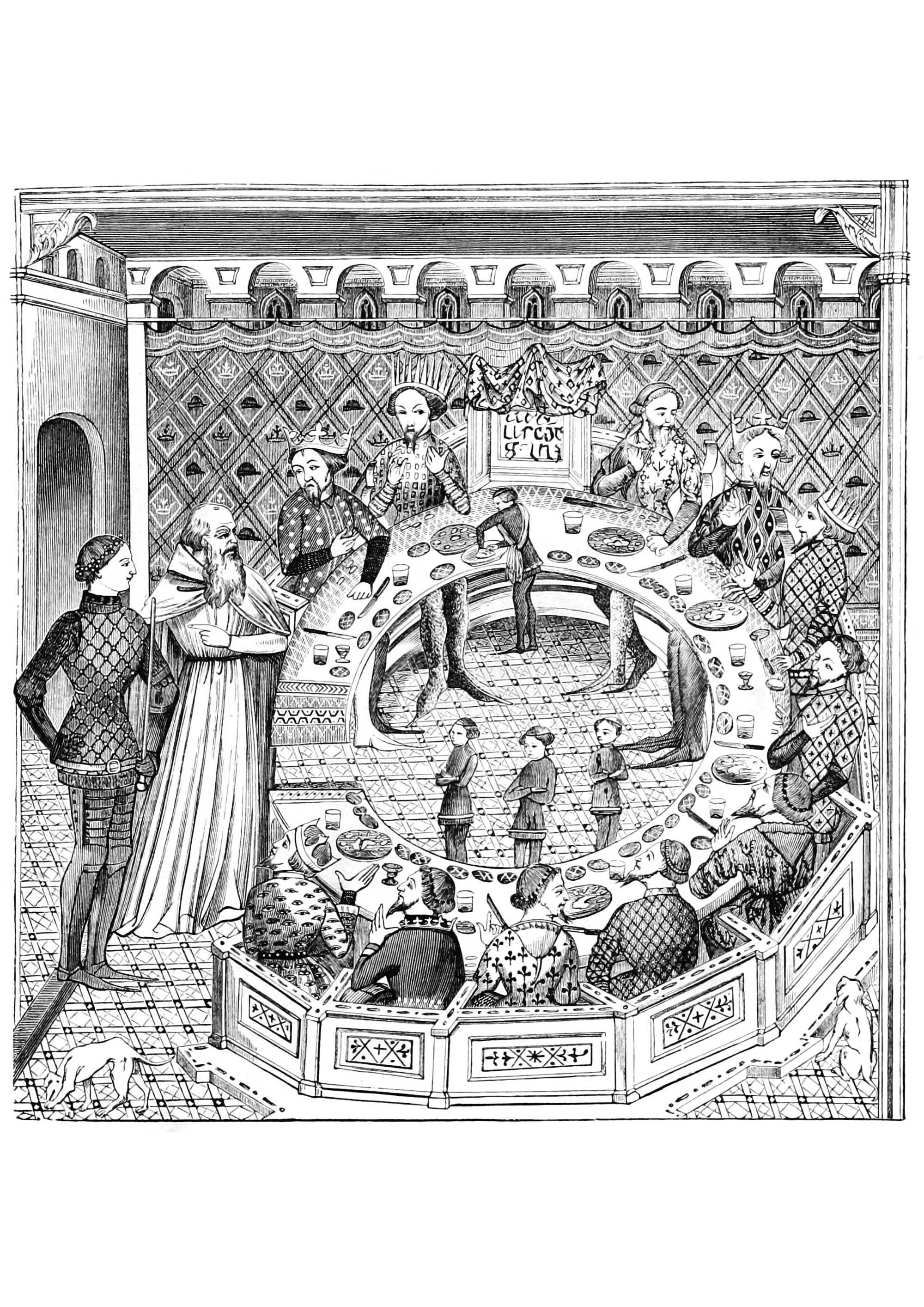 The Knights of the Round Table, with King Arthur. This 1873 illustration is based on a 14th-century engraving.The Knights of the Round Table are a legendary order in the service of King Arthur, charged by him with leading the quest for the Grail and ensuring the peace of the kingdom. The first written trace of the Knights of the Round Table legend can be found in the Roman de Brut, written by the Norman poet Wace in 1155.