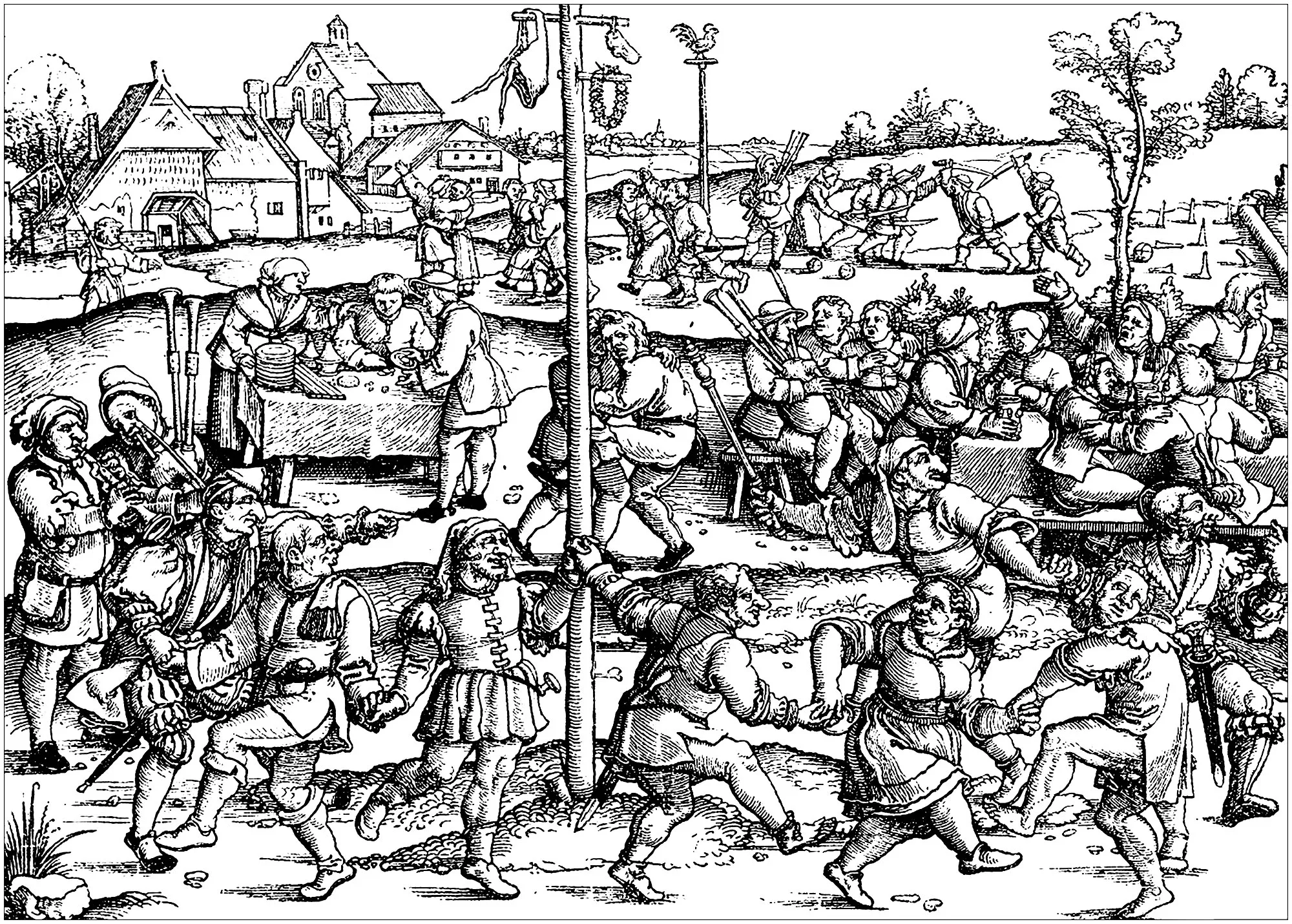 Middle ages peasants celebrating (Printable Coloring Page for adults)