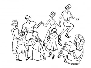 Drawing of a traditional dance in the Middle age (Coloring Page)