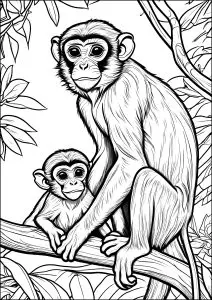 Mother monkey and her baby on a branch