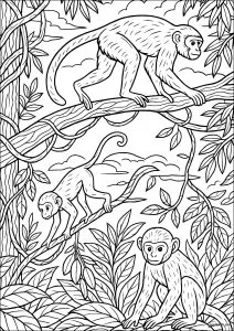 Jungle monkeys in motion. Three monkeys move agilely through a lush jungle, among large branches and intertwined lianas. An adult capuchin, a young one on a liana, and a small one crouched among the leaves make up this naturalistic scene with an ascending composition.