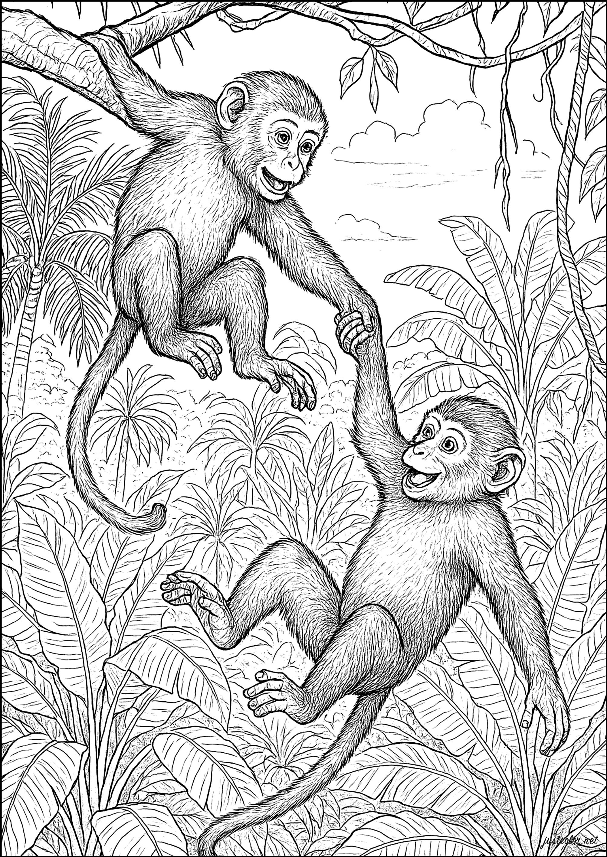 Playing macaques in the canopy (Printable Monkey Coloring Page for adults)
