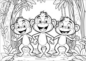 Three funny monkeys in the jungle