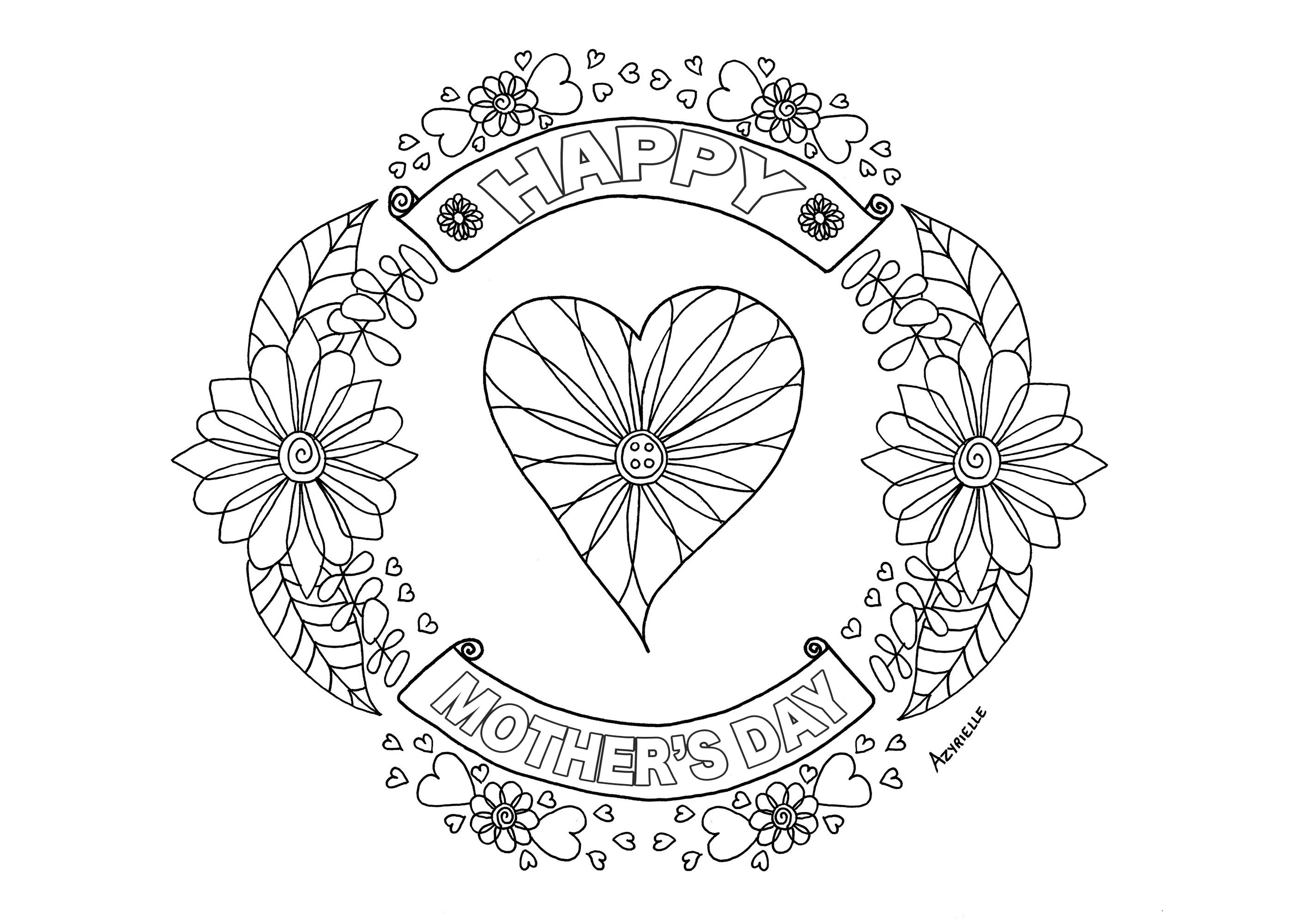 Happy Mother's day coloring page : heart and flowered patterns, Artist : Azyrielle