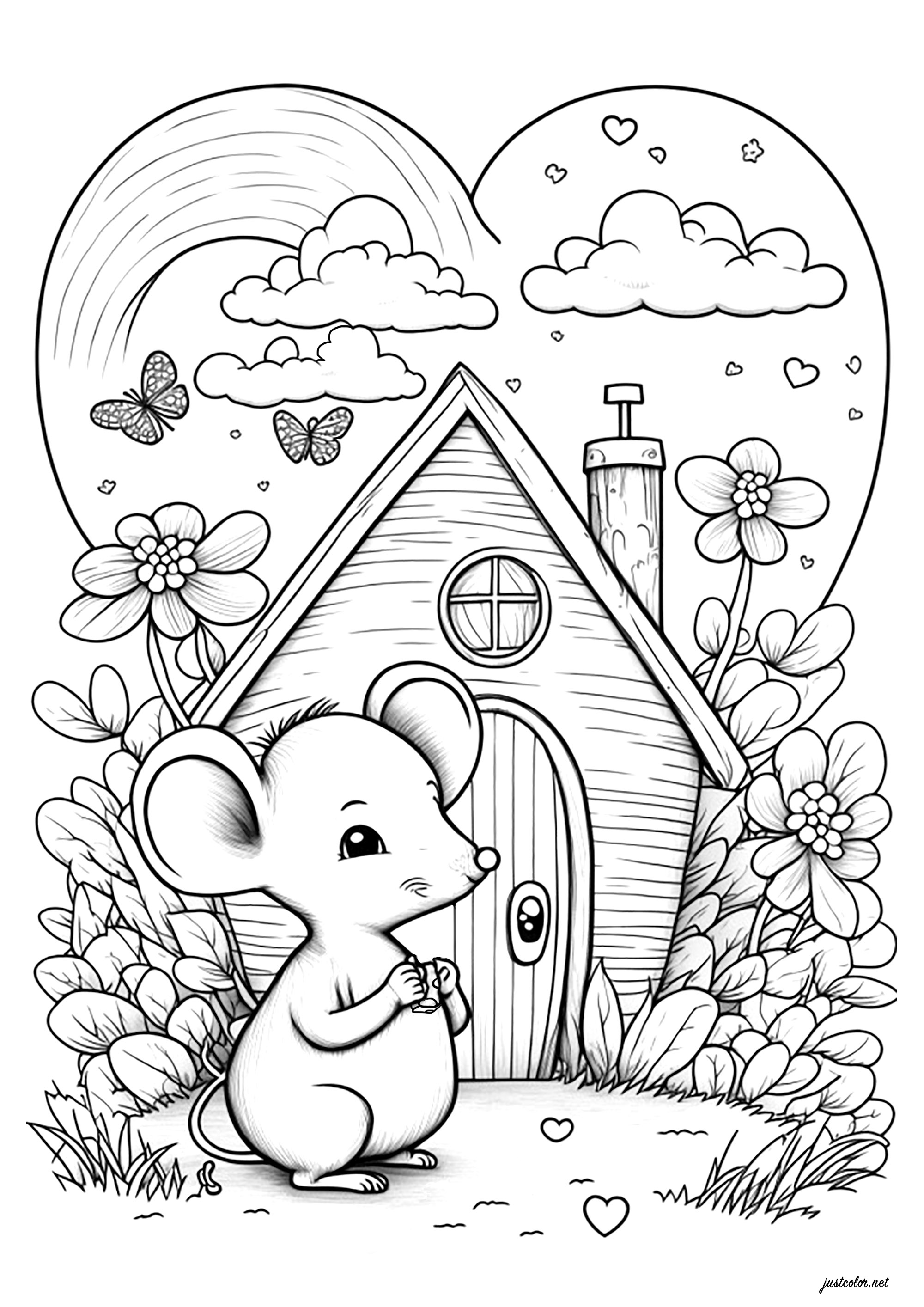 Mouse eating a piece of cheese in front of his nice house. This cute mouse seems to be enjoying this moment of peace and quiet in front of his little house. Color every detail of the house, the flowery garden, the sky full of hearts and butterflies, and the cute mouse... your creativity has no limits!
