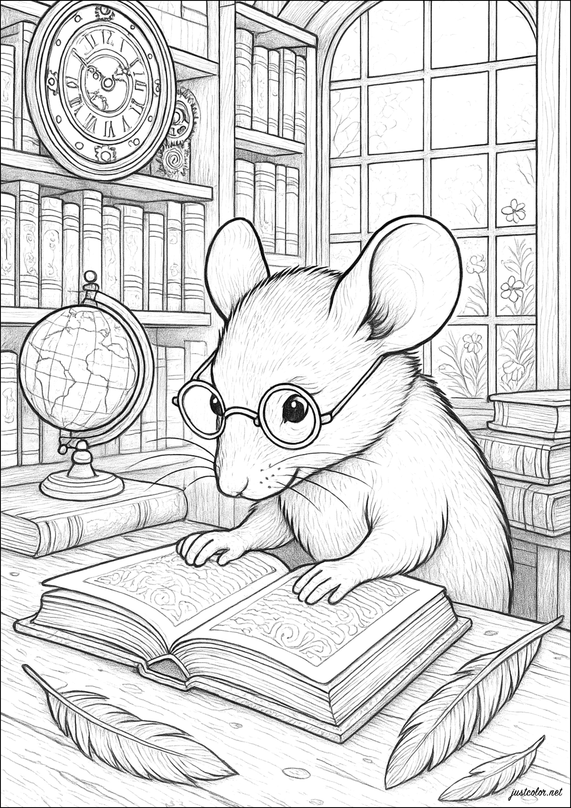 Bibliophile mouse (Printable Coloring Page for adults)