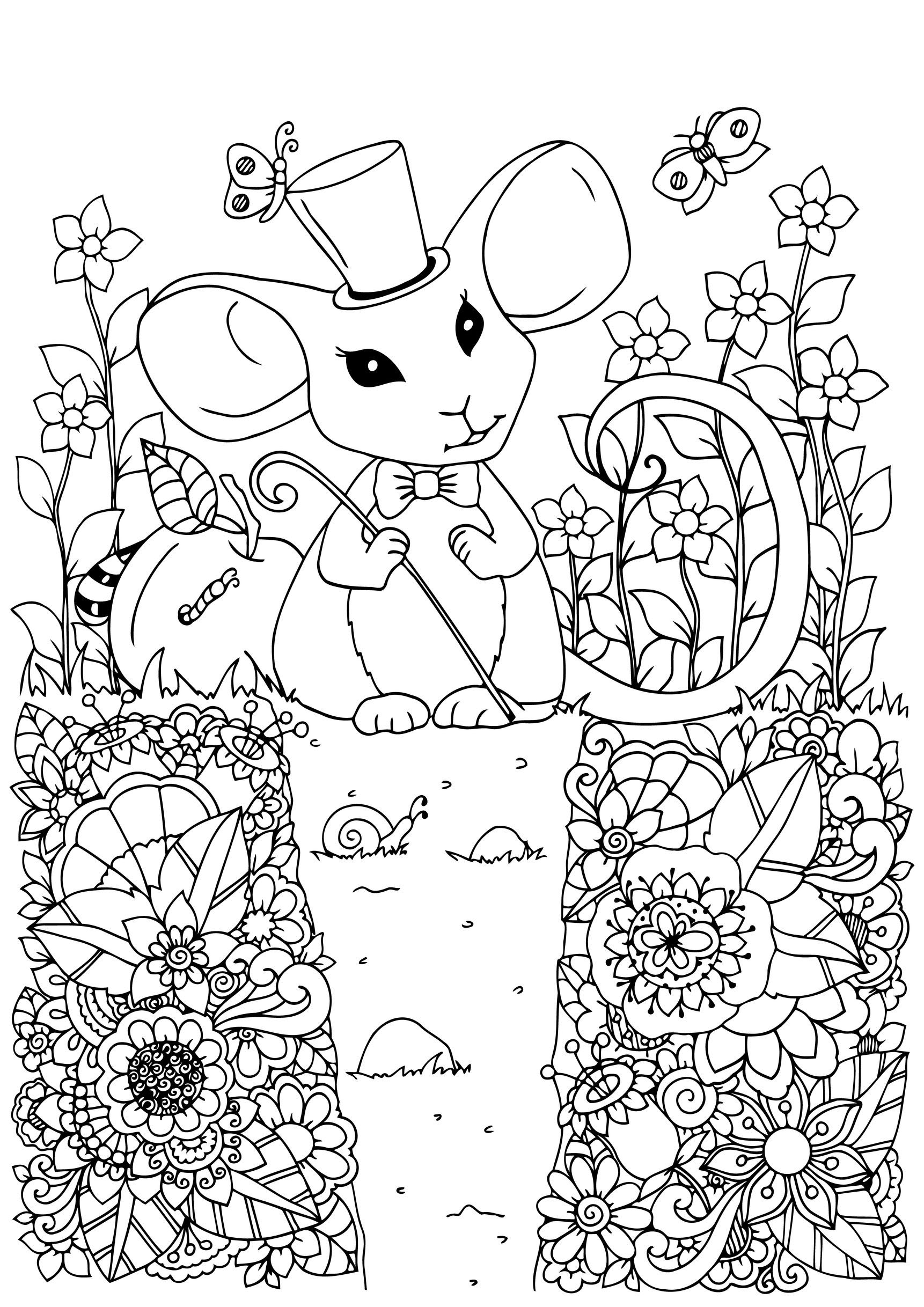 Cute mouse with her magician hat in a garden full of beautiful flowers