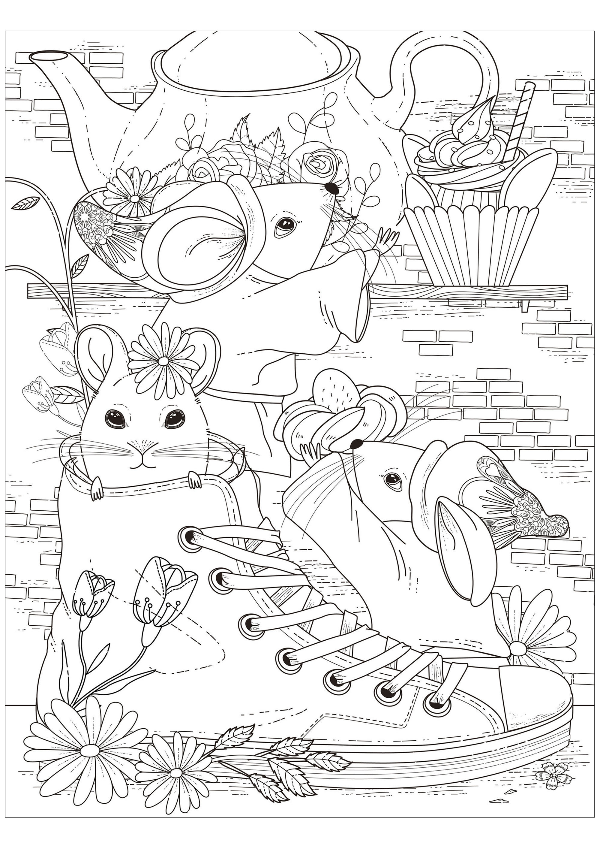 Coloring page of three mice having tea with one of them in a shoe, Source : 123rf   Artist : Kchung