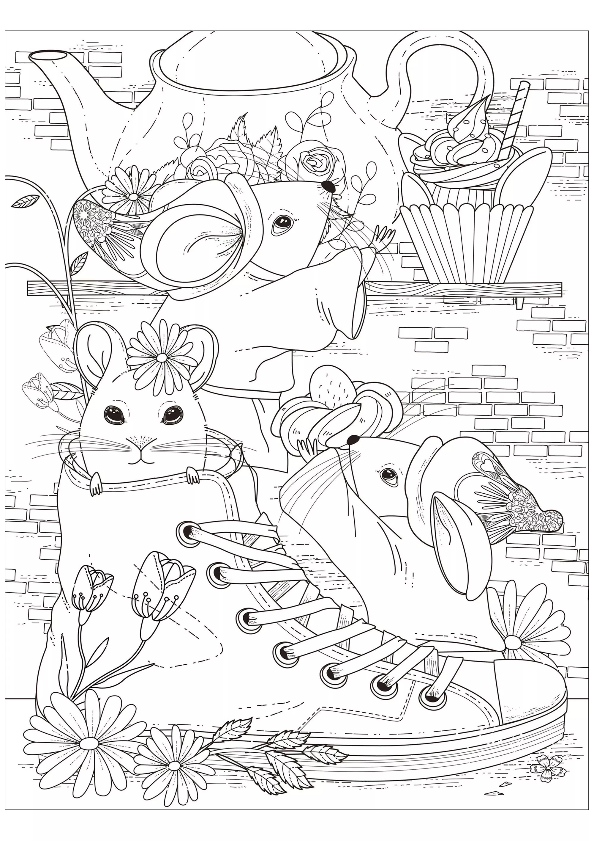 The tea party of the three mice (Printable Mouse Coloring Page for adults)