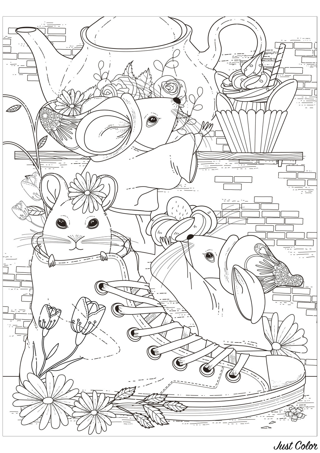 Coloring page of three mice having tea with one of them in a shoe