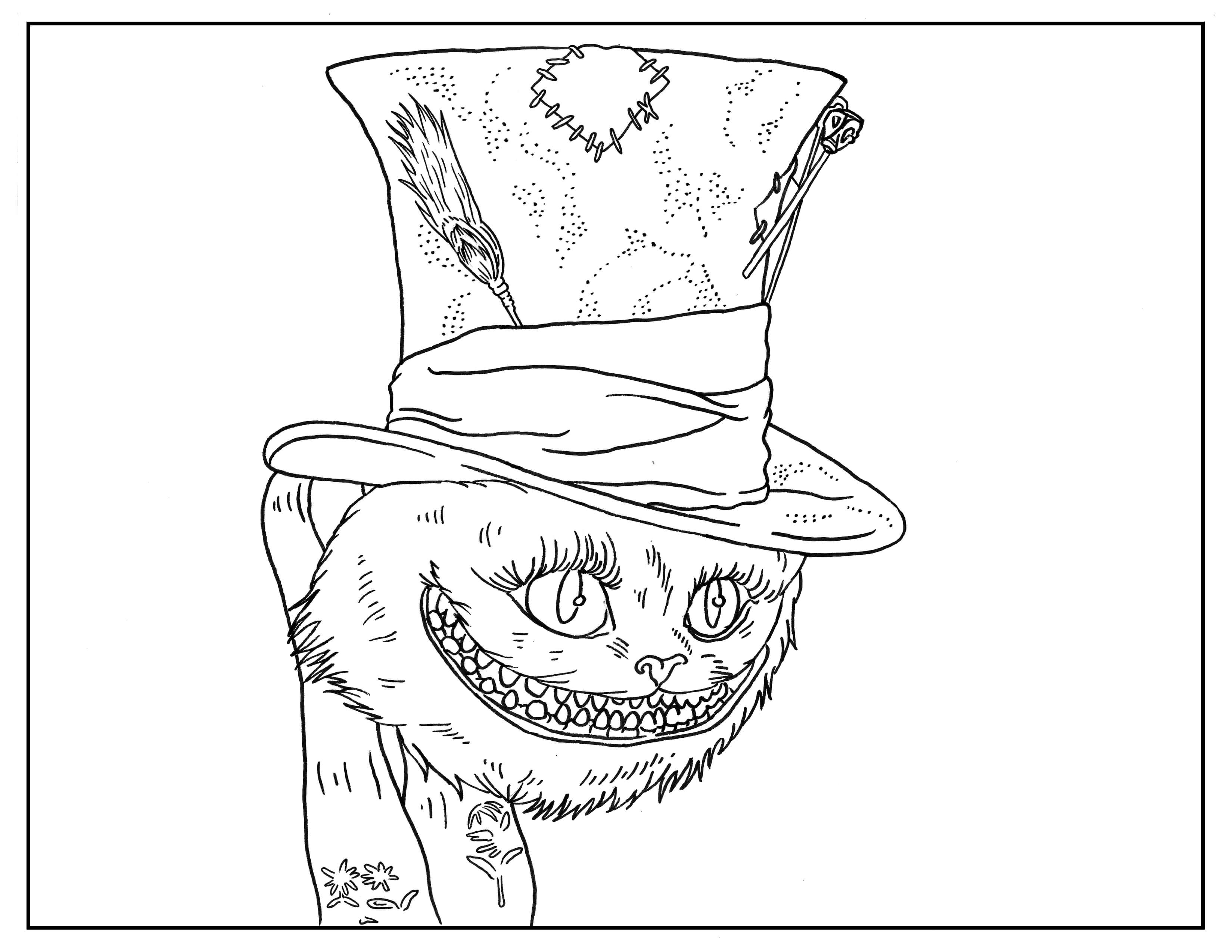Coloring page inspired by Tim Burton's movie Alice in Wonderland, with Johnny Depp