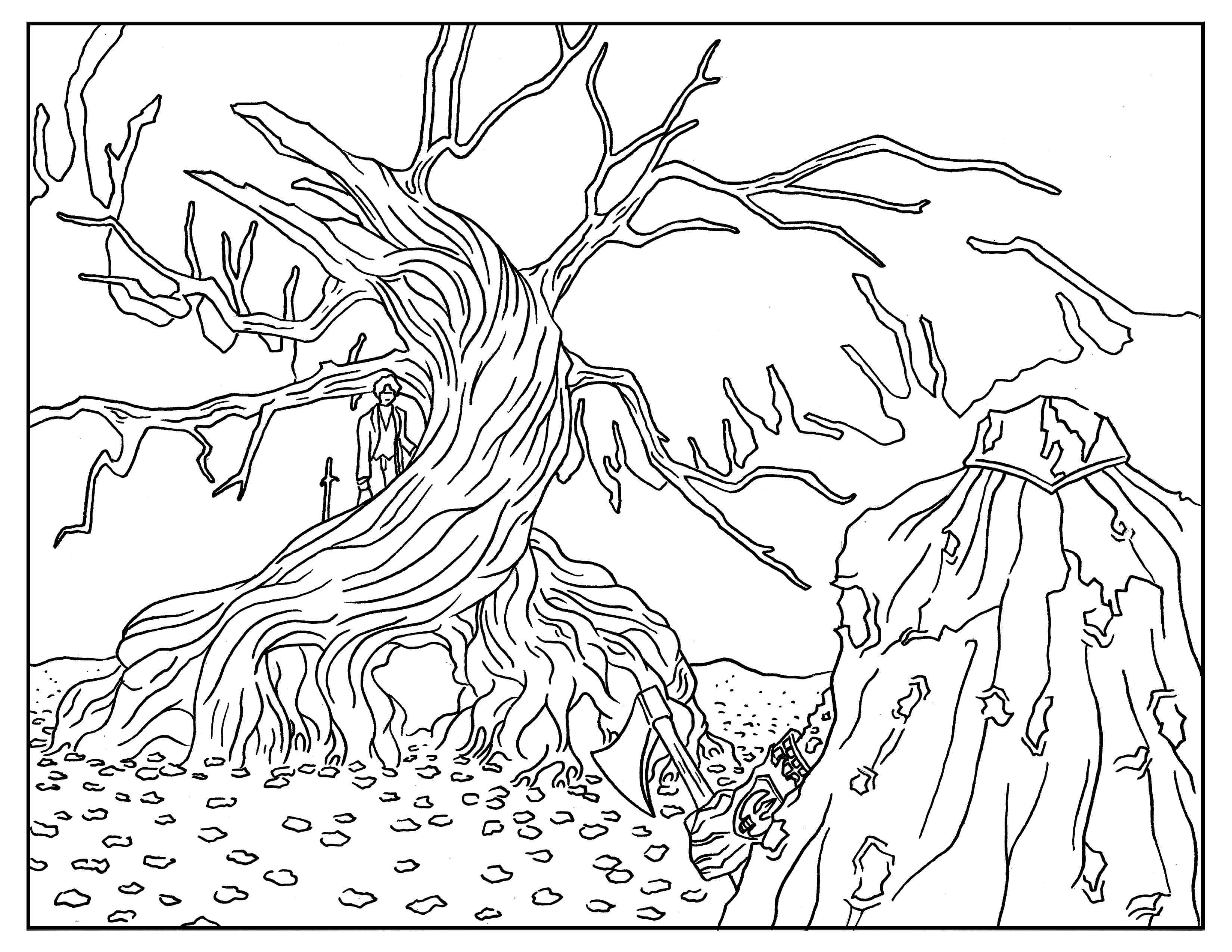 Coloring page inspired by Tim Burton's movie Sleepy Hollow, with Johnny Depp