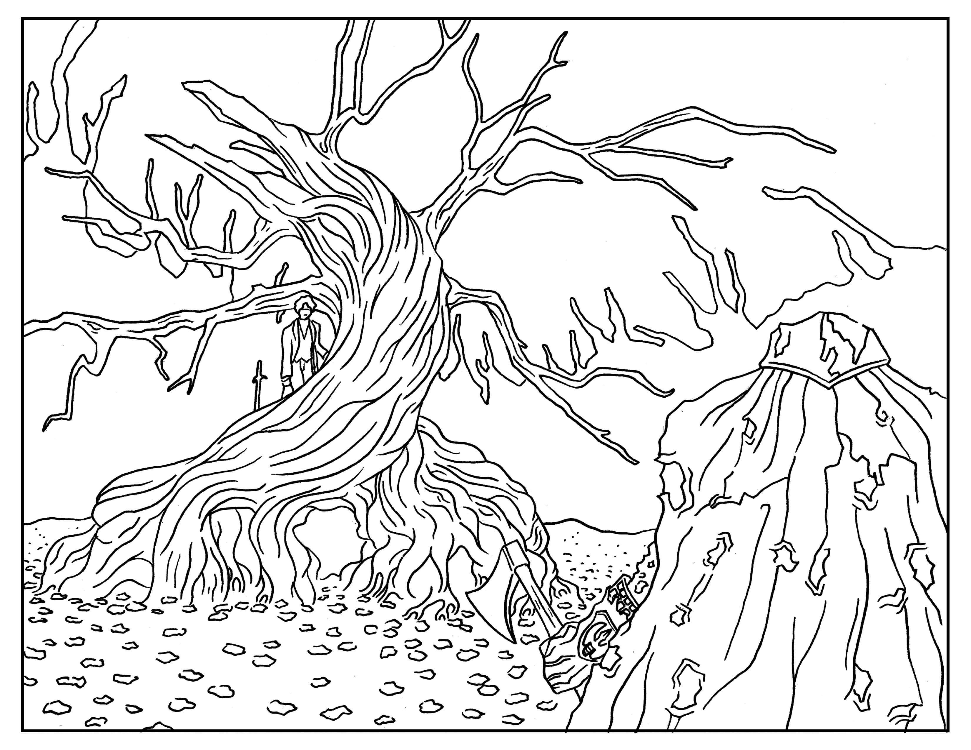 Coloring page inspired by Tim Burton's movie Sleepy Hollow, with Johnny Depp