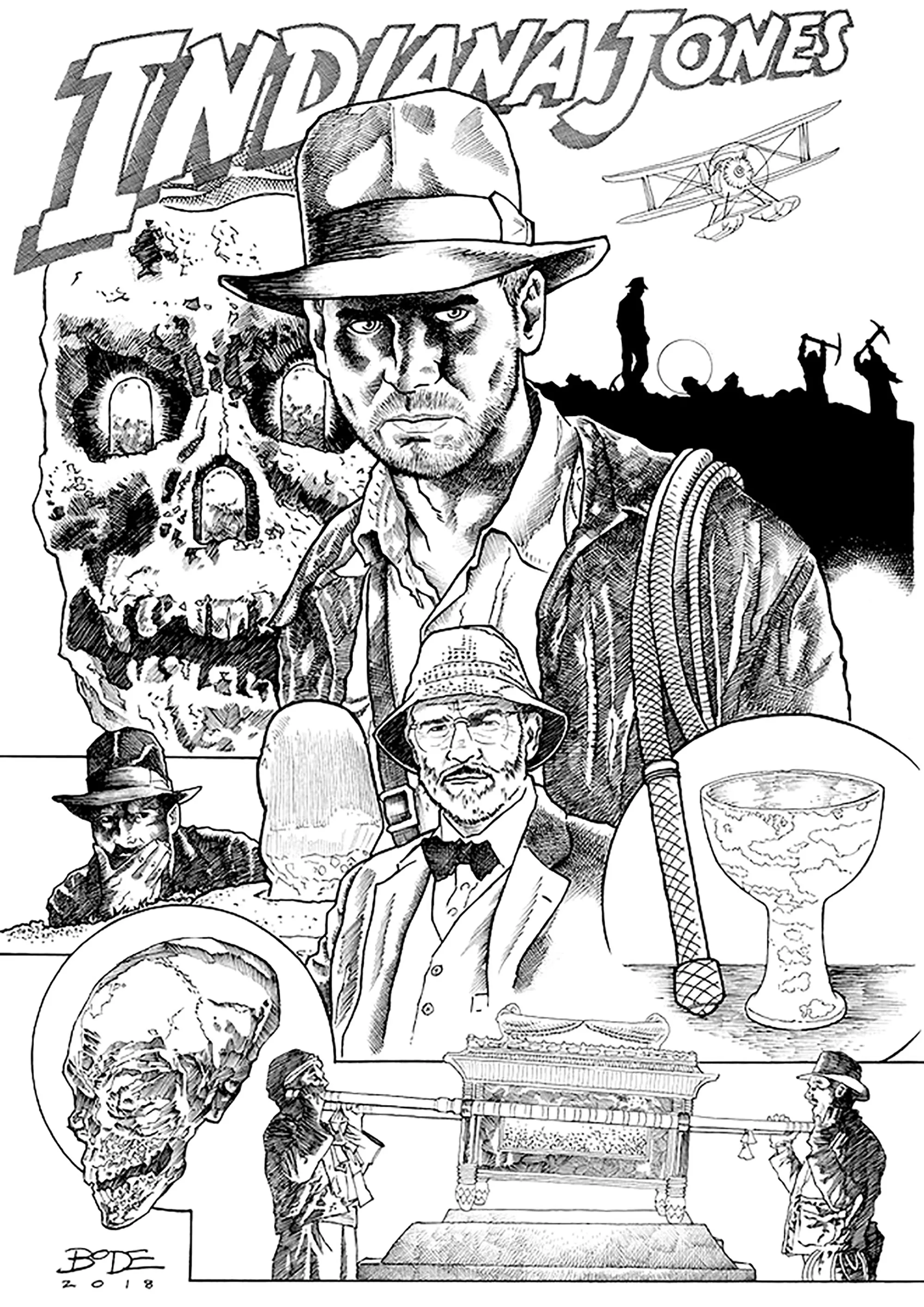 Drawing inspired by the adventures of Indiana Jones (Printable Movie Coloring Page for adults)