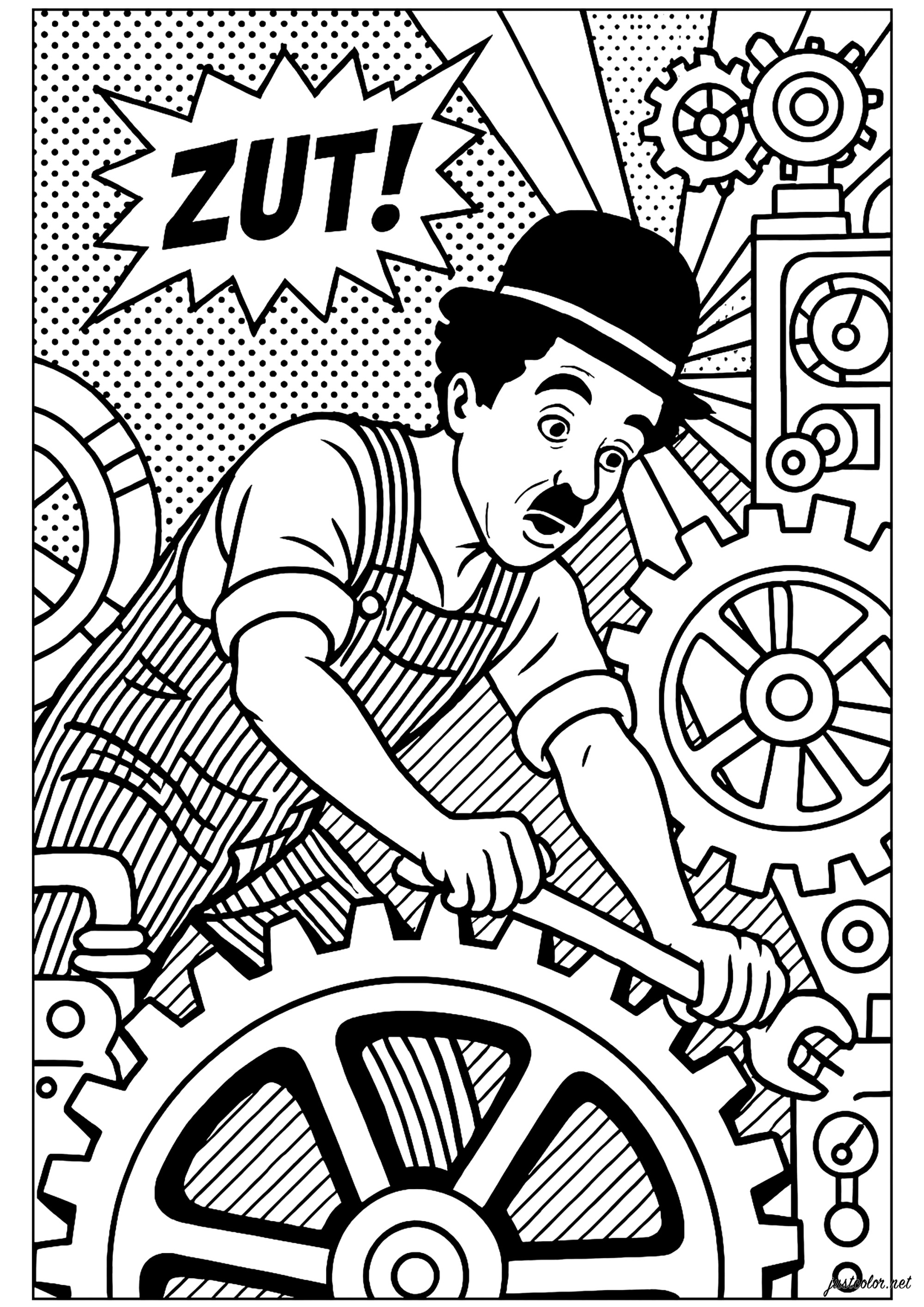 Charlie Chaplin at the pop art factory (Printable Movie Coloring Page for adults)