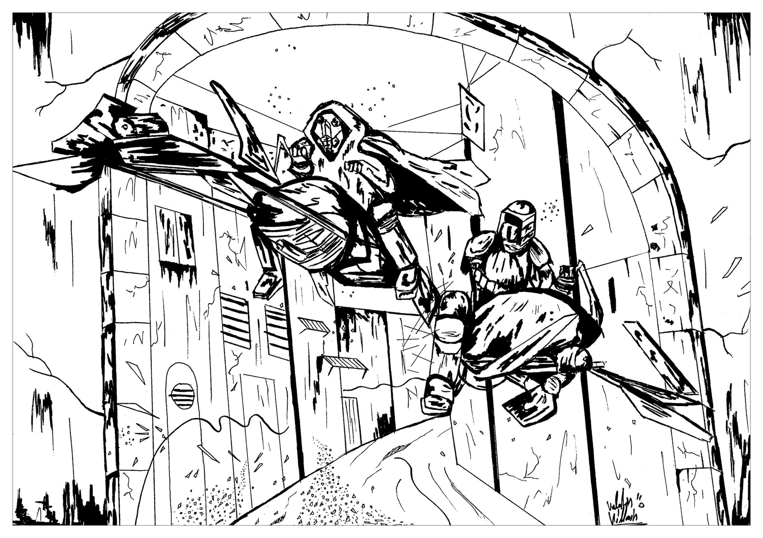 Coloring page of a chase scene inspired by Star Wars, Artist : Valentin
