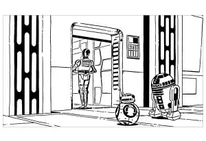 C 3PO, R2 D2, and BB 8 in a spaceship corridor