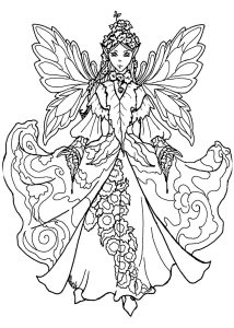 Coloring page fairy with impressive dress
