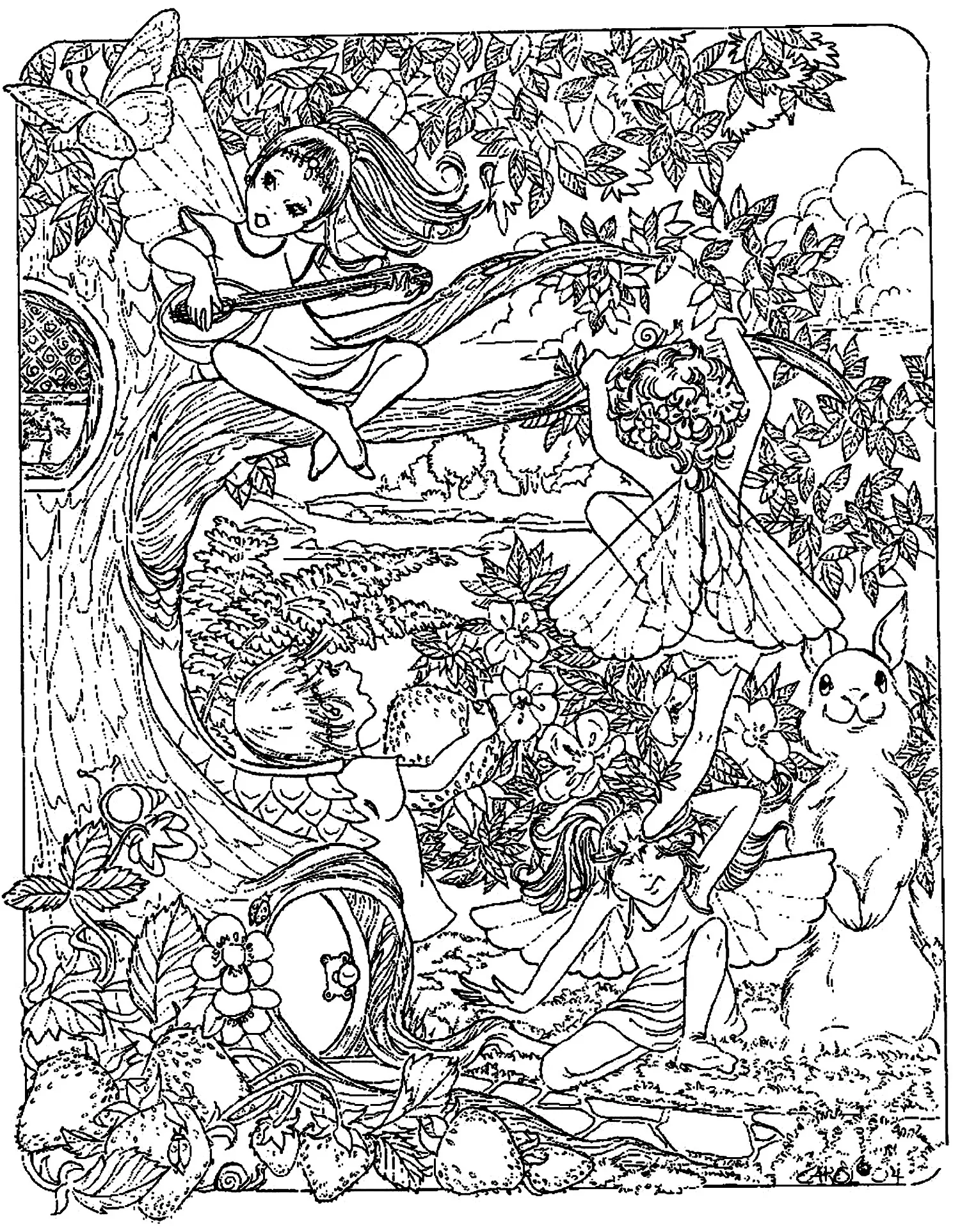Fantasy child elves (Printable Myths & legends Coloring Page for adults)