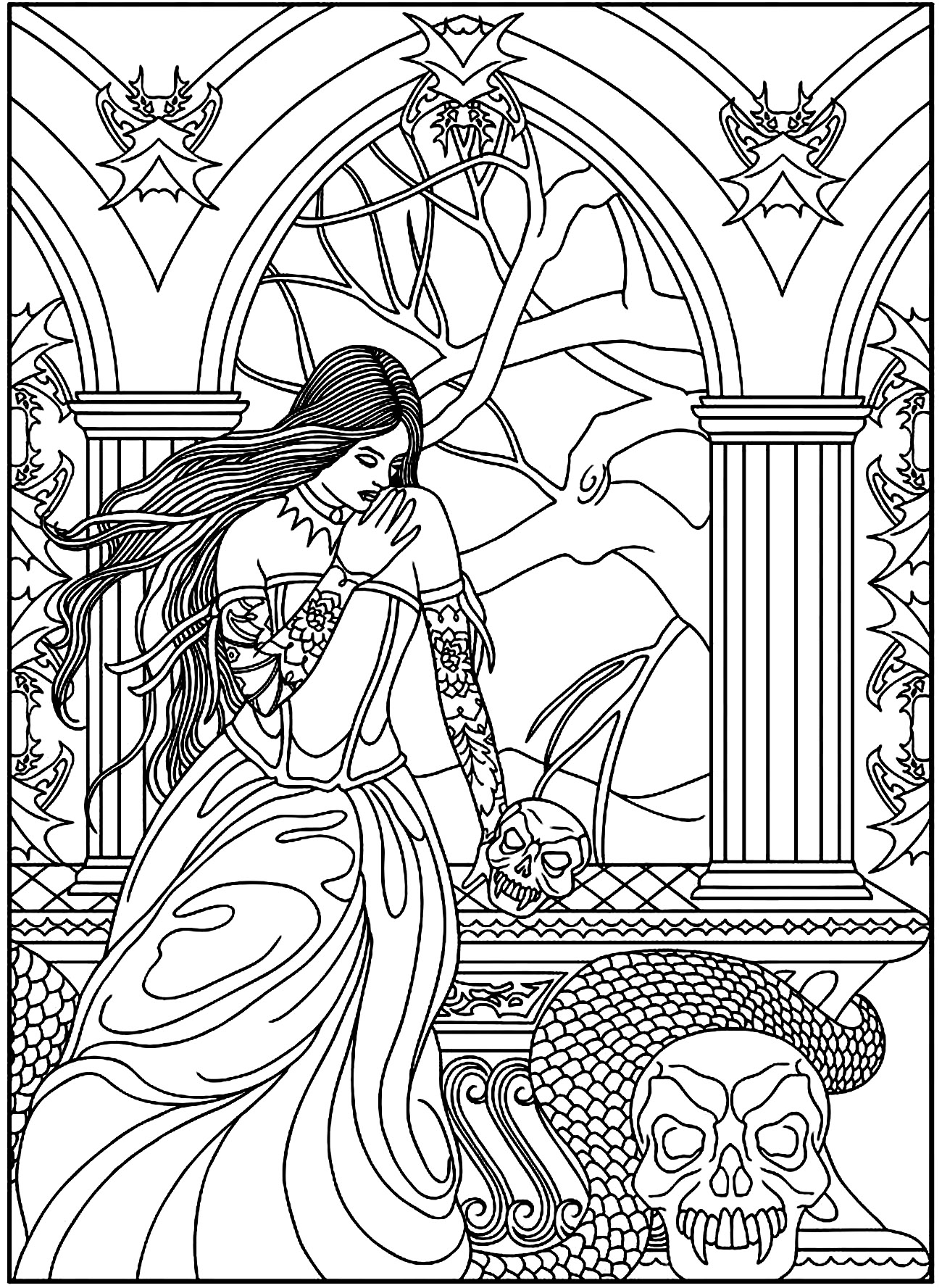 A mysterious woman with a snake and skulls