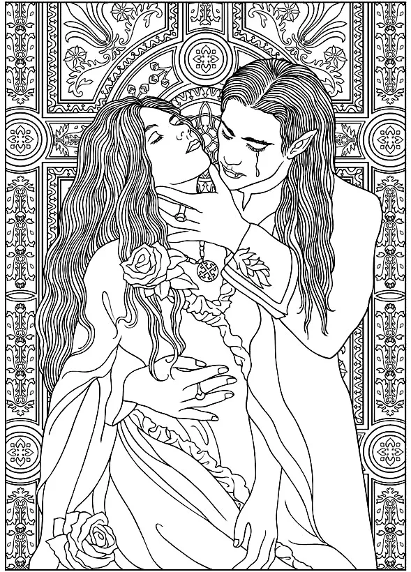 Vampire and woman (Printable Myths & legends Coloring Page for adults)