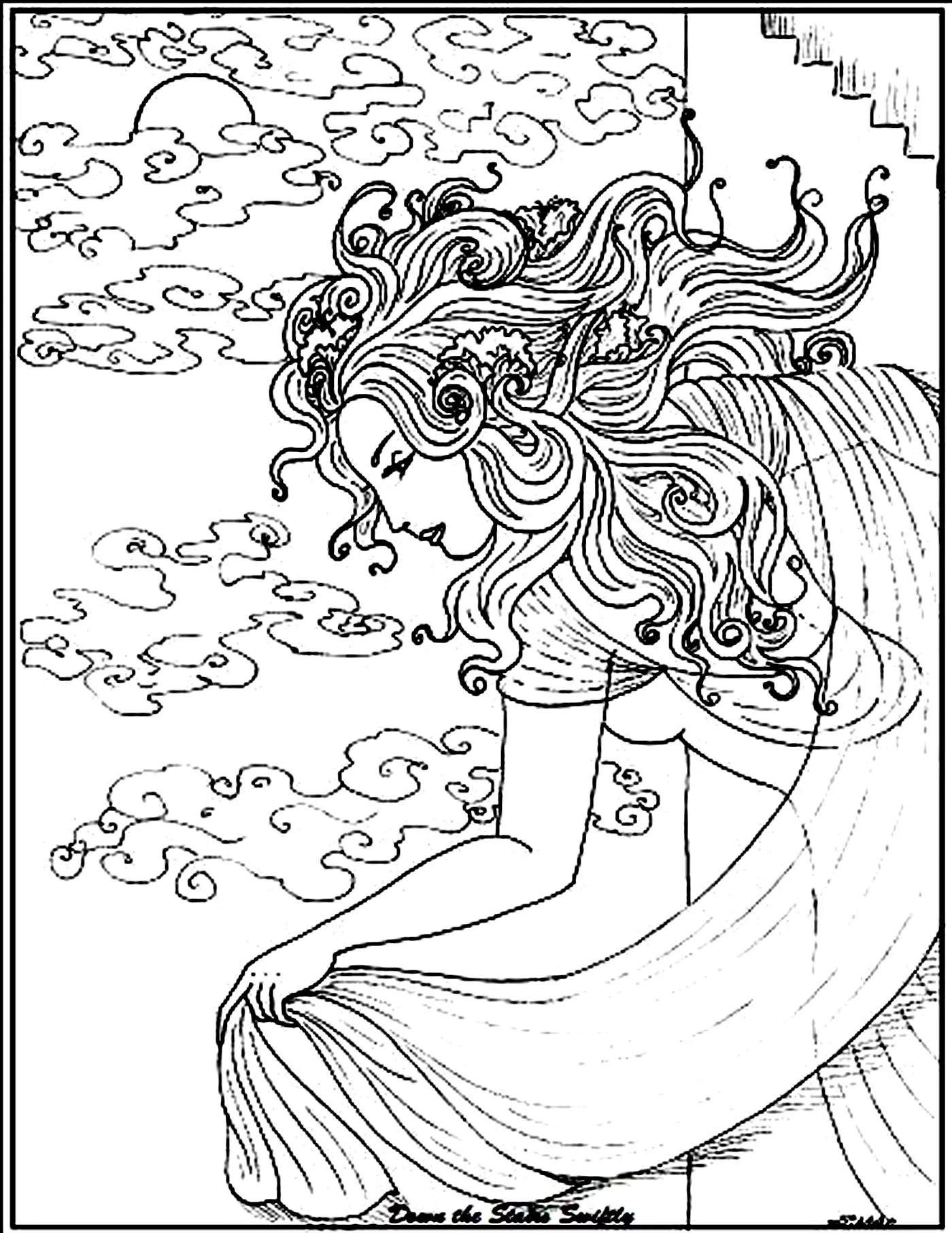 Woman sea (Printable Myths & legends Coloring Page for adults)
