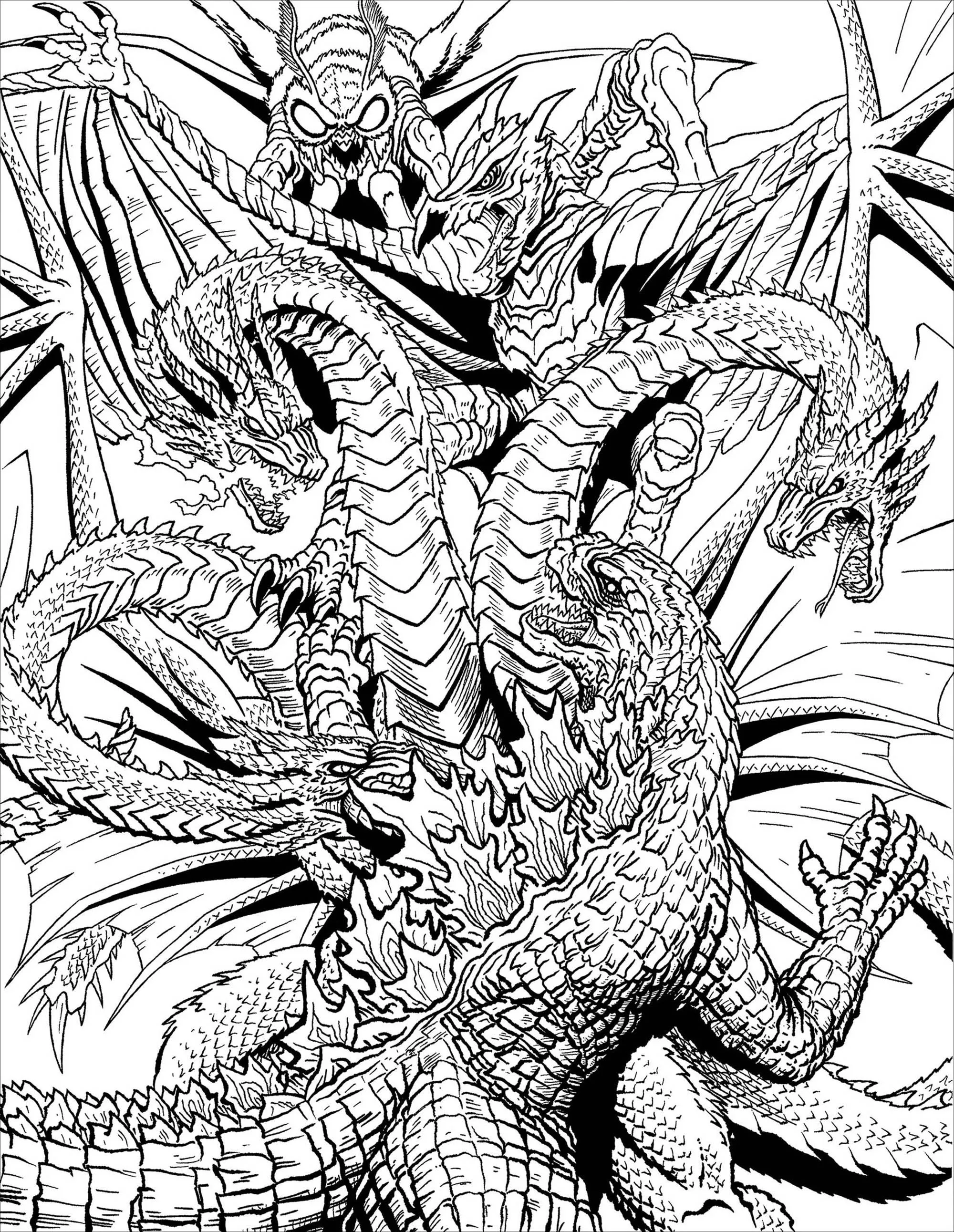Monster vs Dragon (Printable Myths & legends Coloring Page for adults)