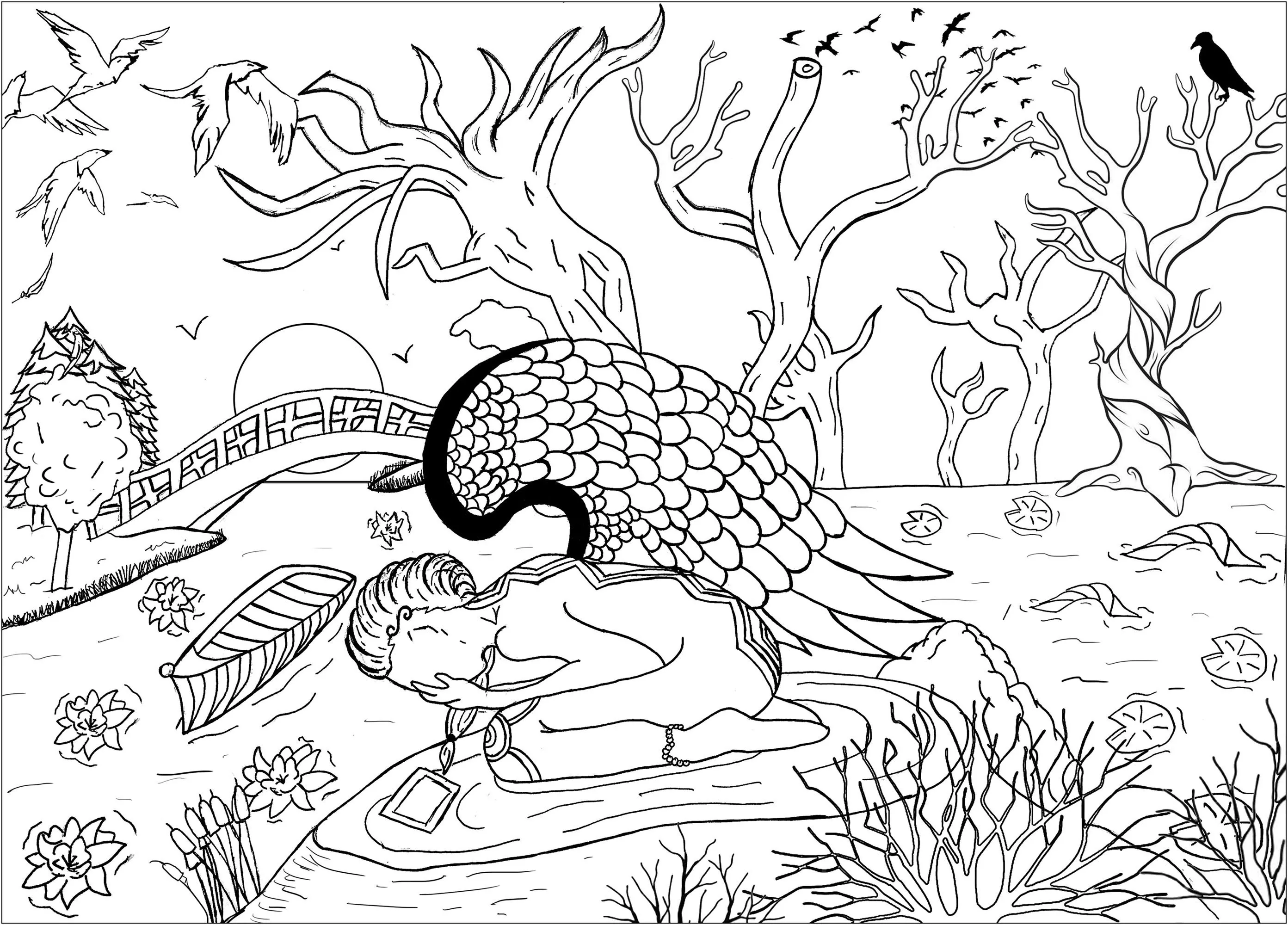 Fallen angel (Printable Myths & legends Coloring Page for adults)