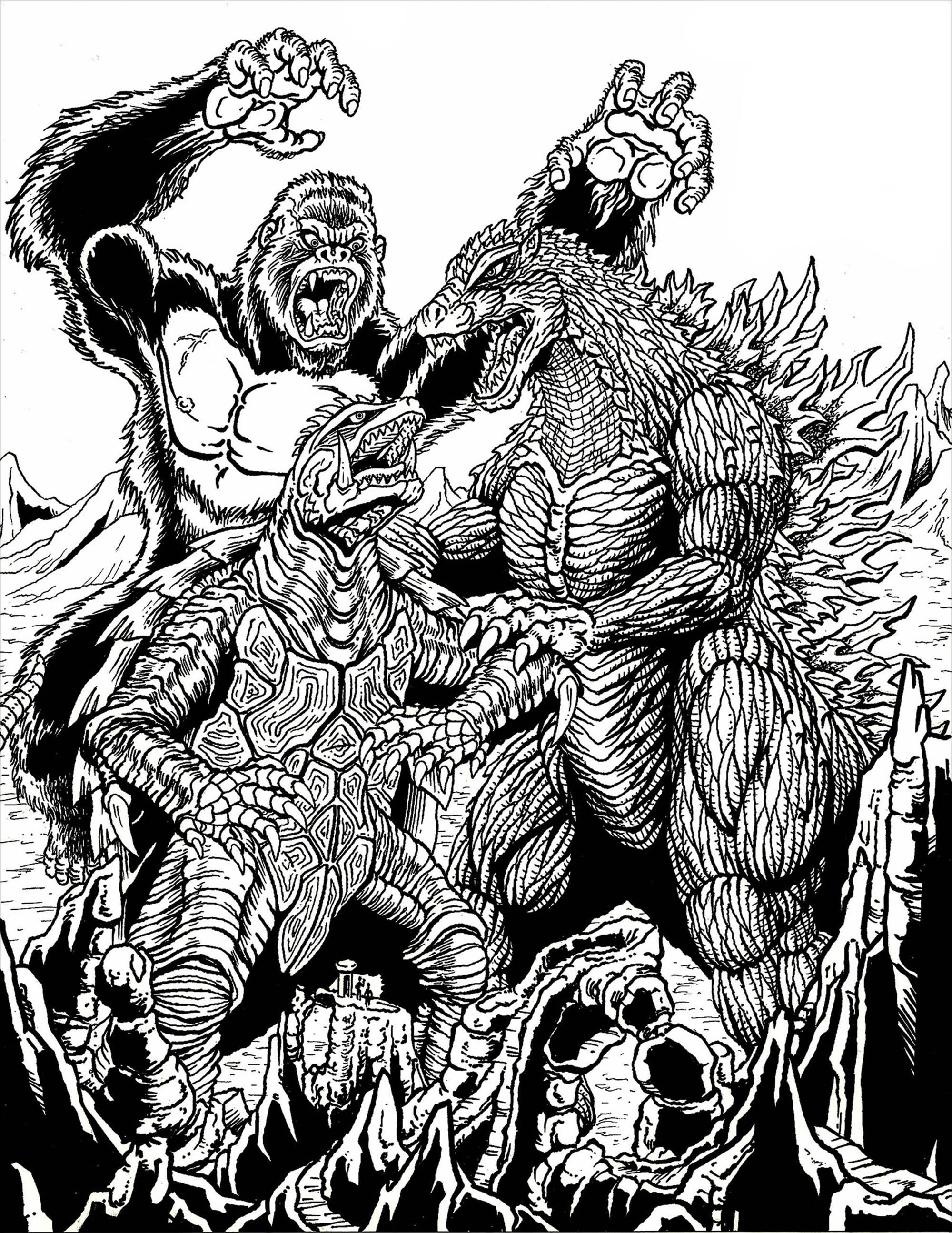 Kong vs Gamera vs Godzilla   Valentin Adult Coloring Pages