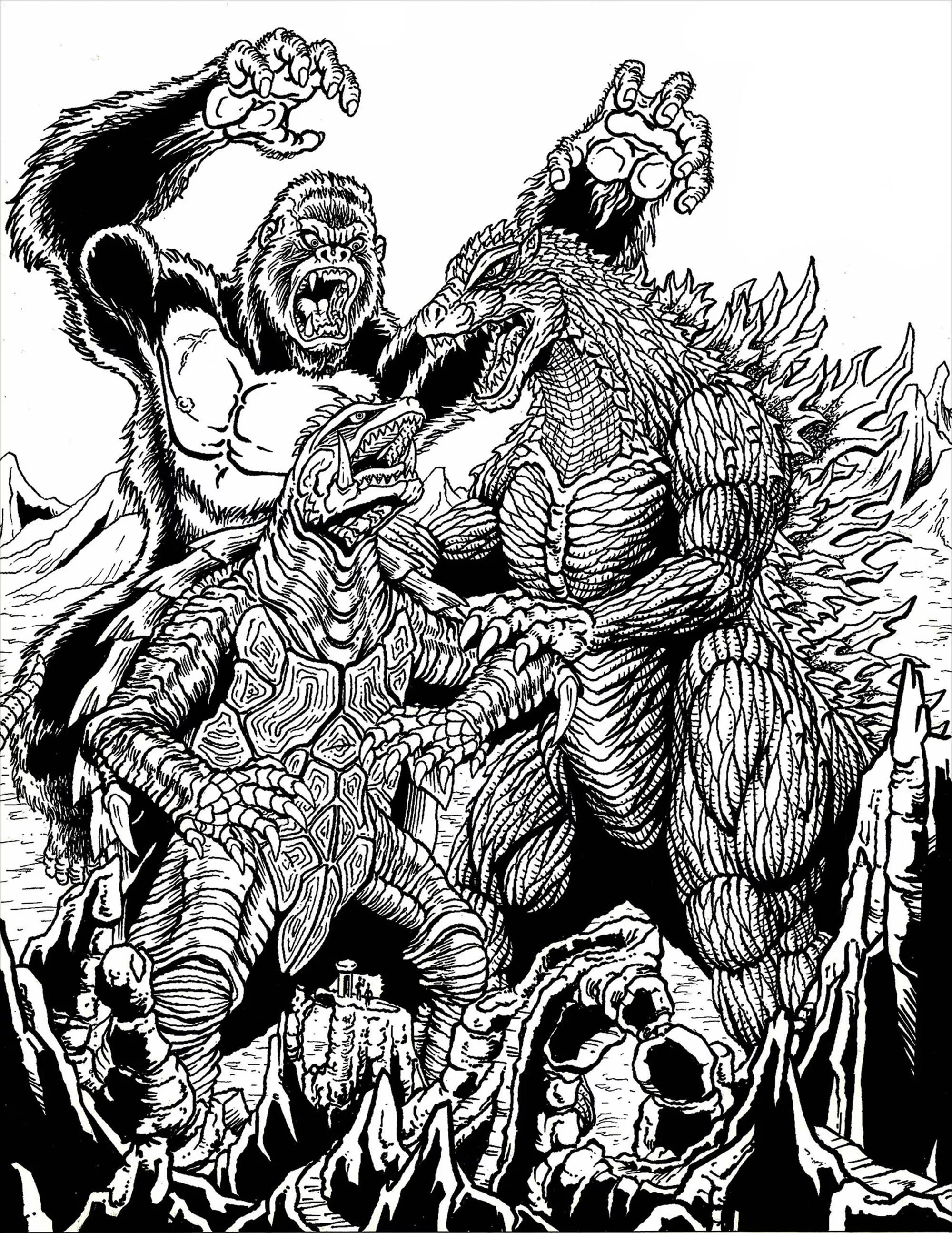 Kong vs Gamera vs Godzilla (Printable Frank Parr Coloring Page for adults)