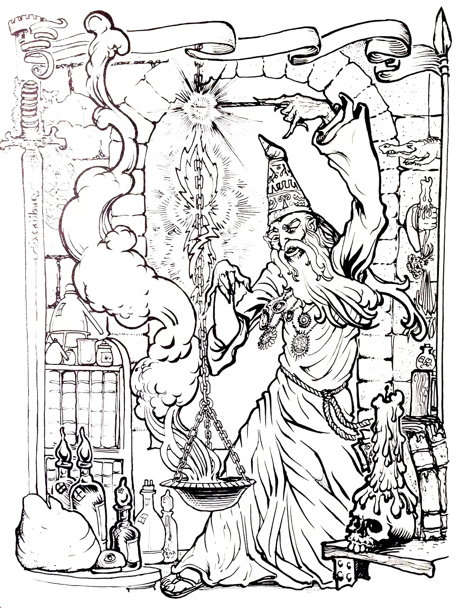 Merlin the Magician (Printable Myths & legends Coloring Page for adults)