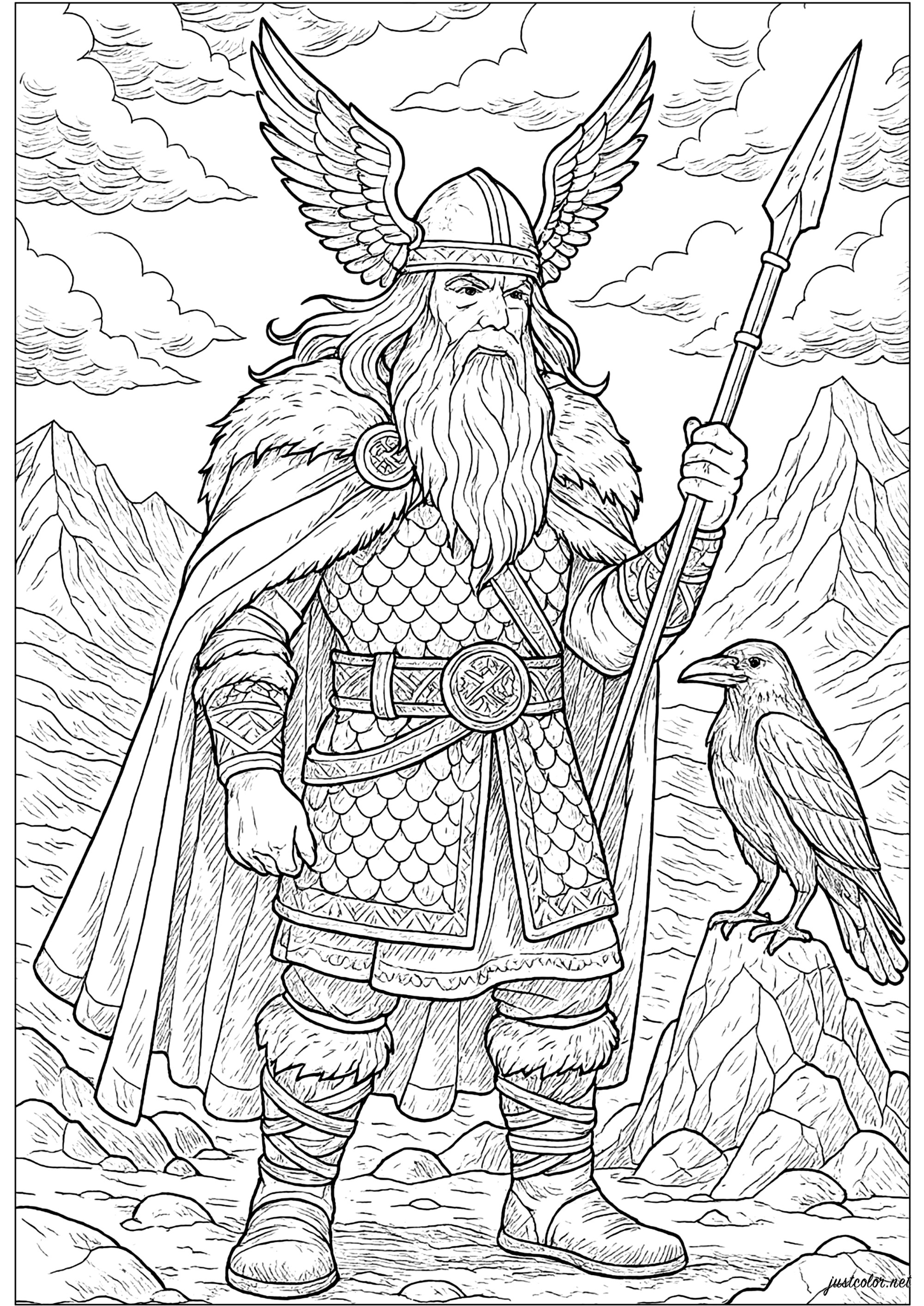 Odin, the Nordic god of wisdom and war (Printable Myths & legends Coloring Page for adults)