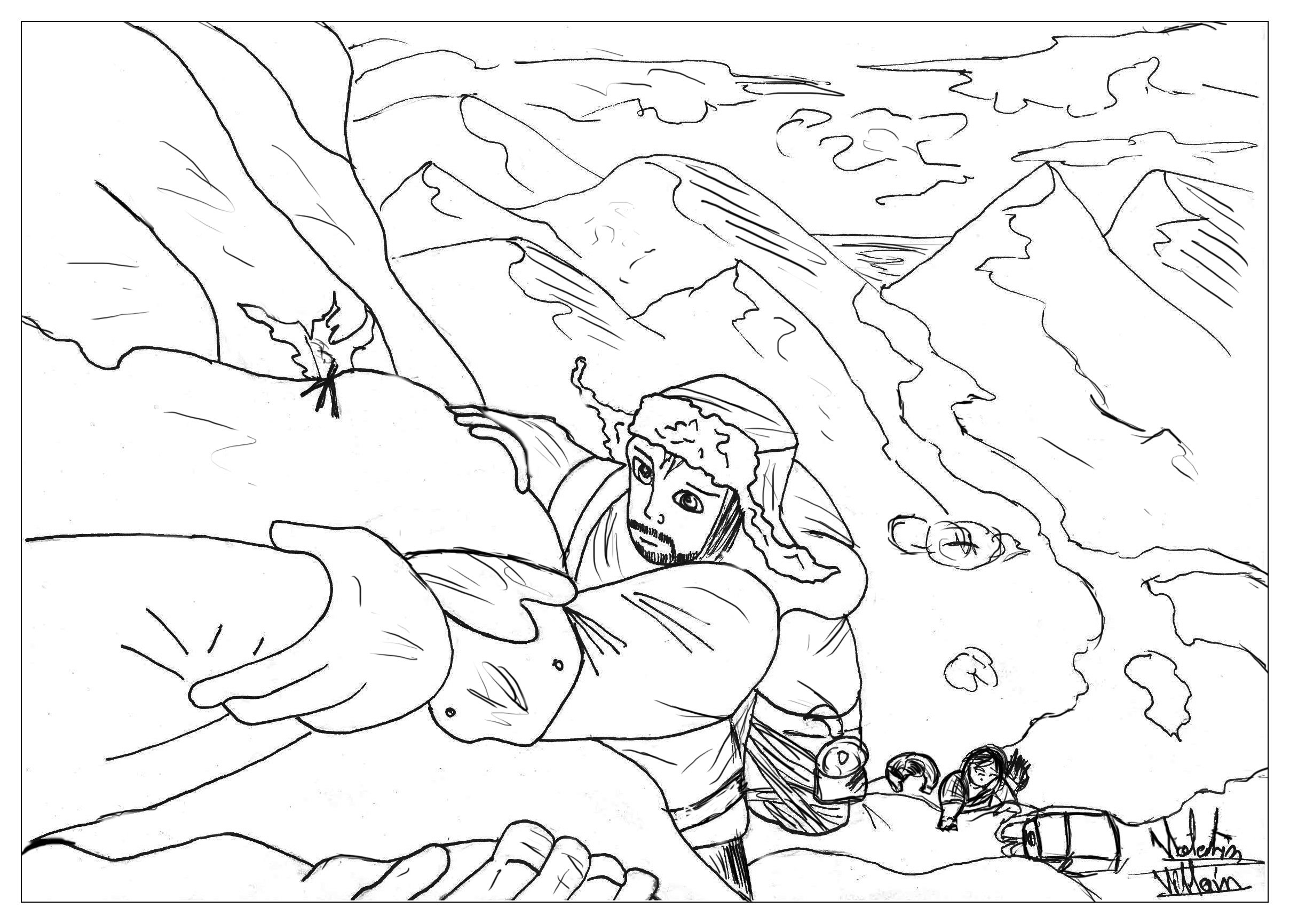 a coloring page inspired by The Hobbit, the moment in the mountain, Artist : Valentin