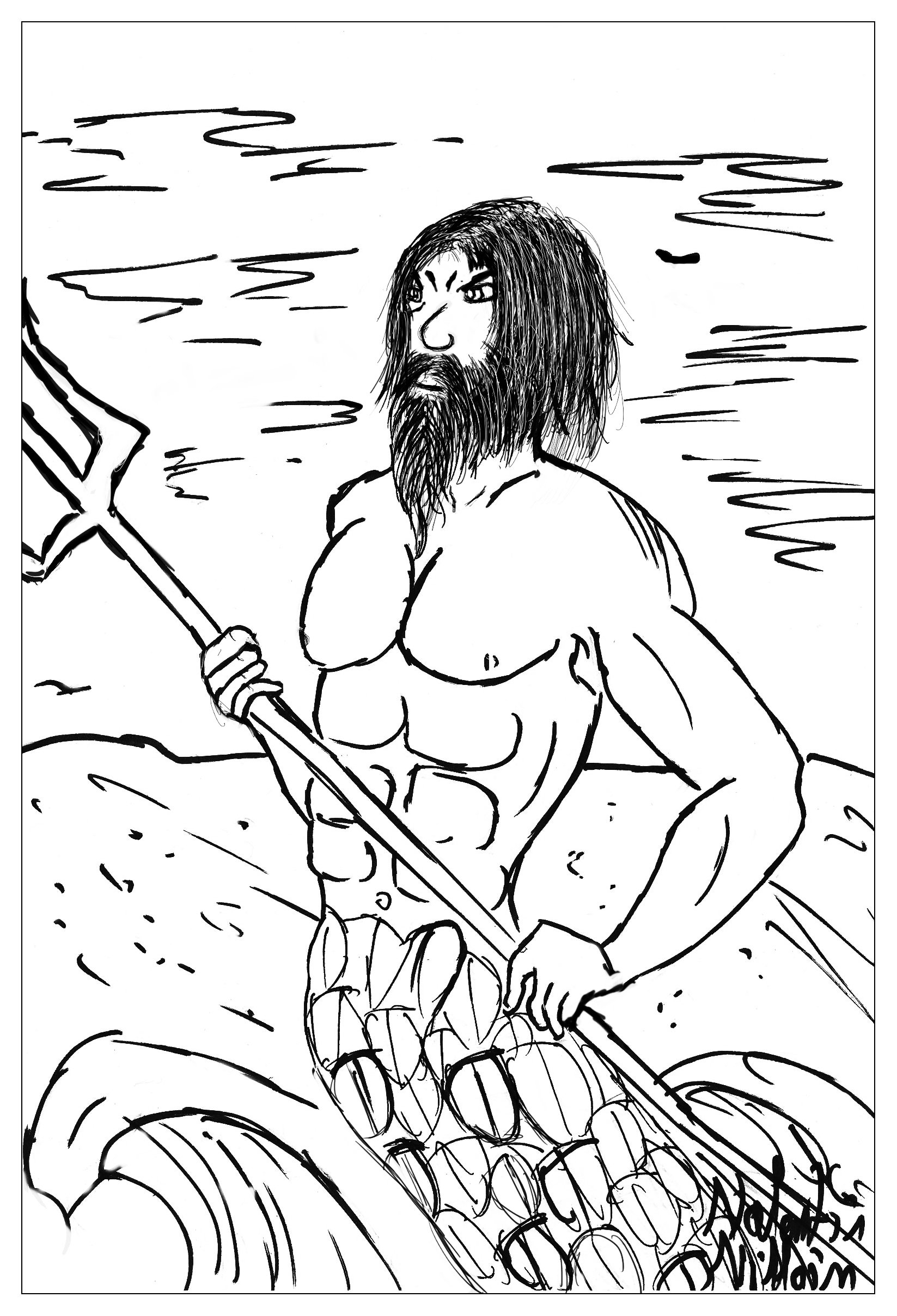 Poseidon, the god of sea and ocean in a coloring page, Artist : Valentin