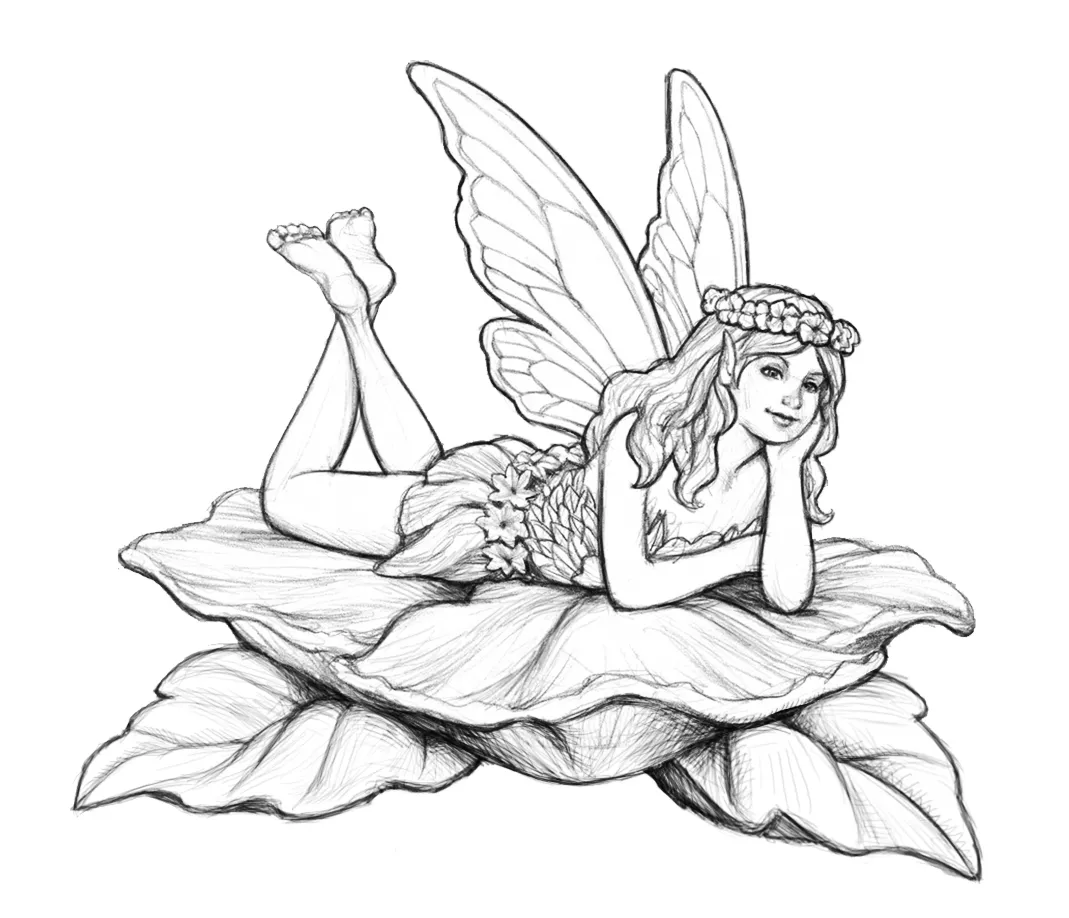 Fairy on leaves (Printable valentin Coloring Page for adults)