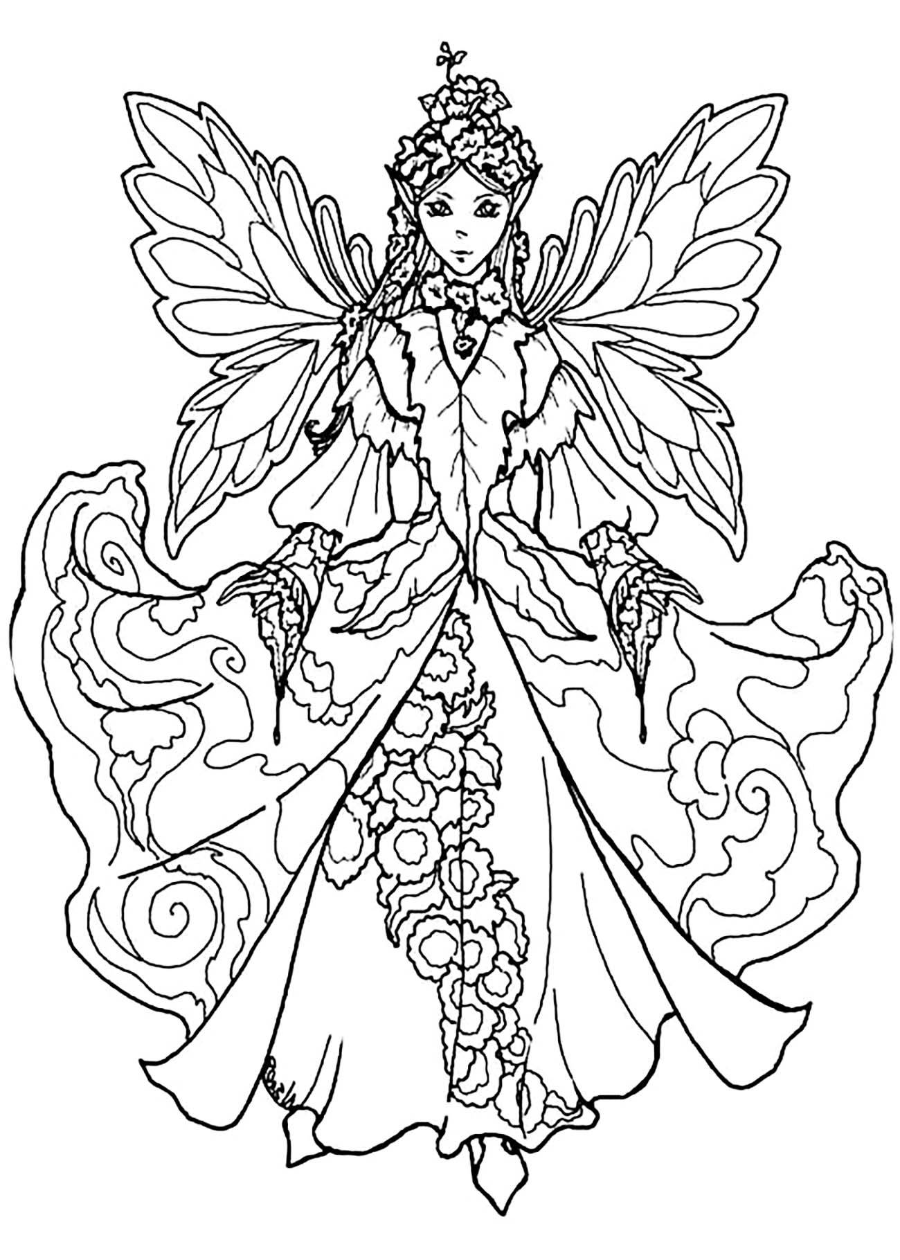 Coloring page fairy with impressive dress