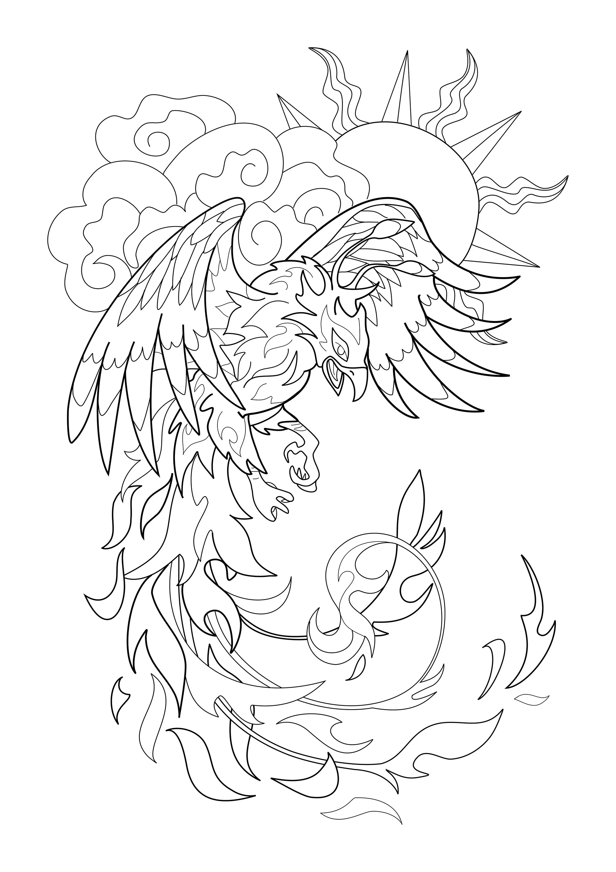 Phoenix approaching the sun (Printable Myths & legends Coloring Page for adults)