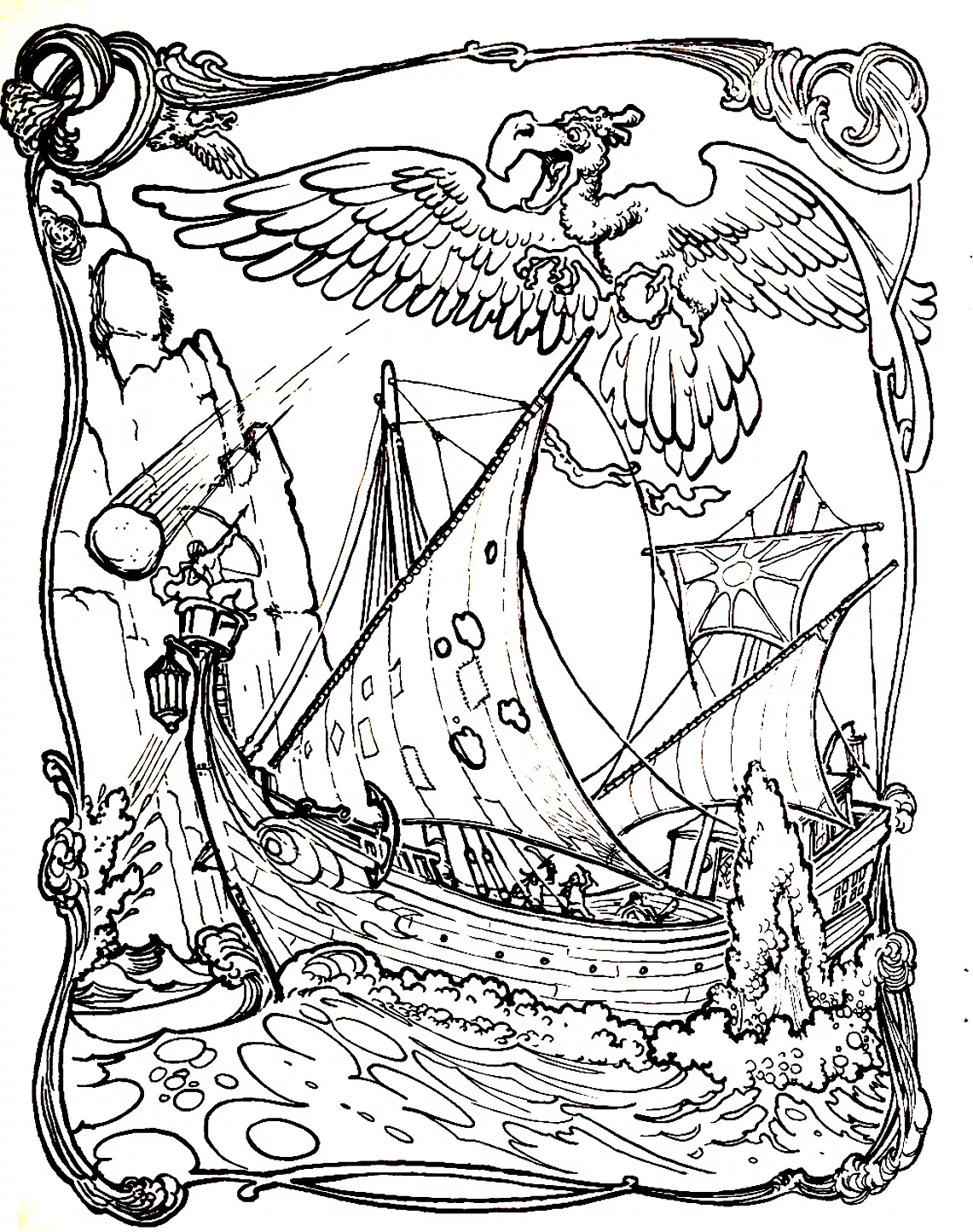 Simbad journey (Printable Myths & legends Coloring Page for adults)