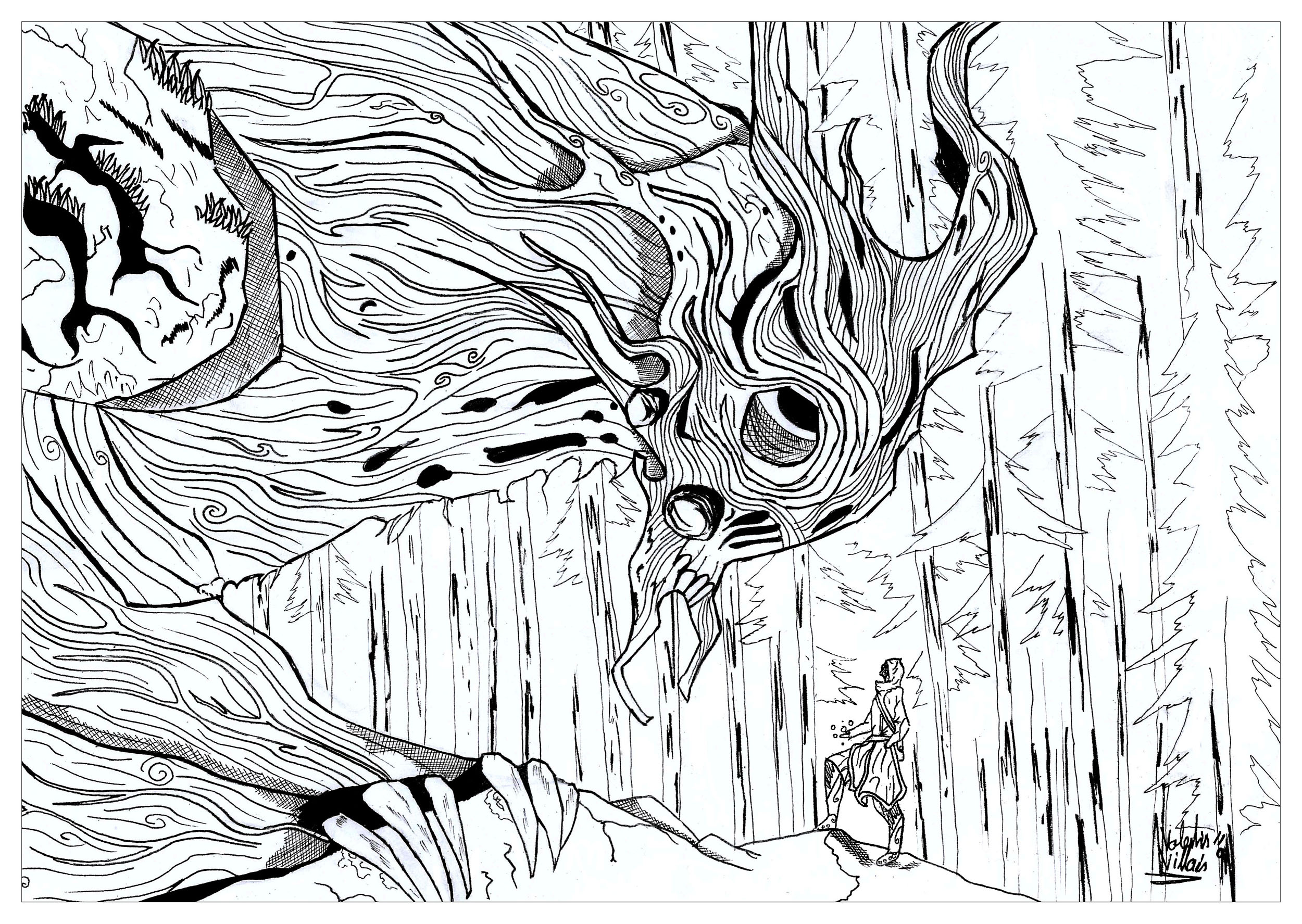 Coloring page of the Spirit of The Forest talking to a Mage