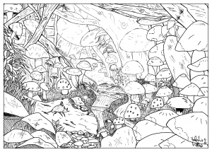 Coloring page adult draw landscape feather mushroom by valentin
