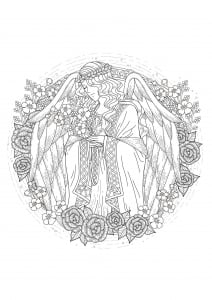 Angel to color, with flowers around her (Myths & legends Coloring Page)