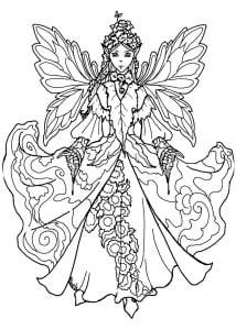 Coloring page fairy with impressive dress