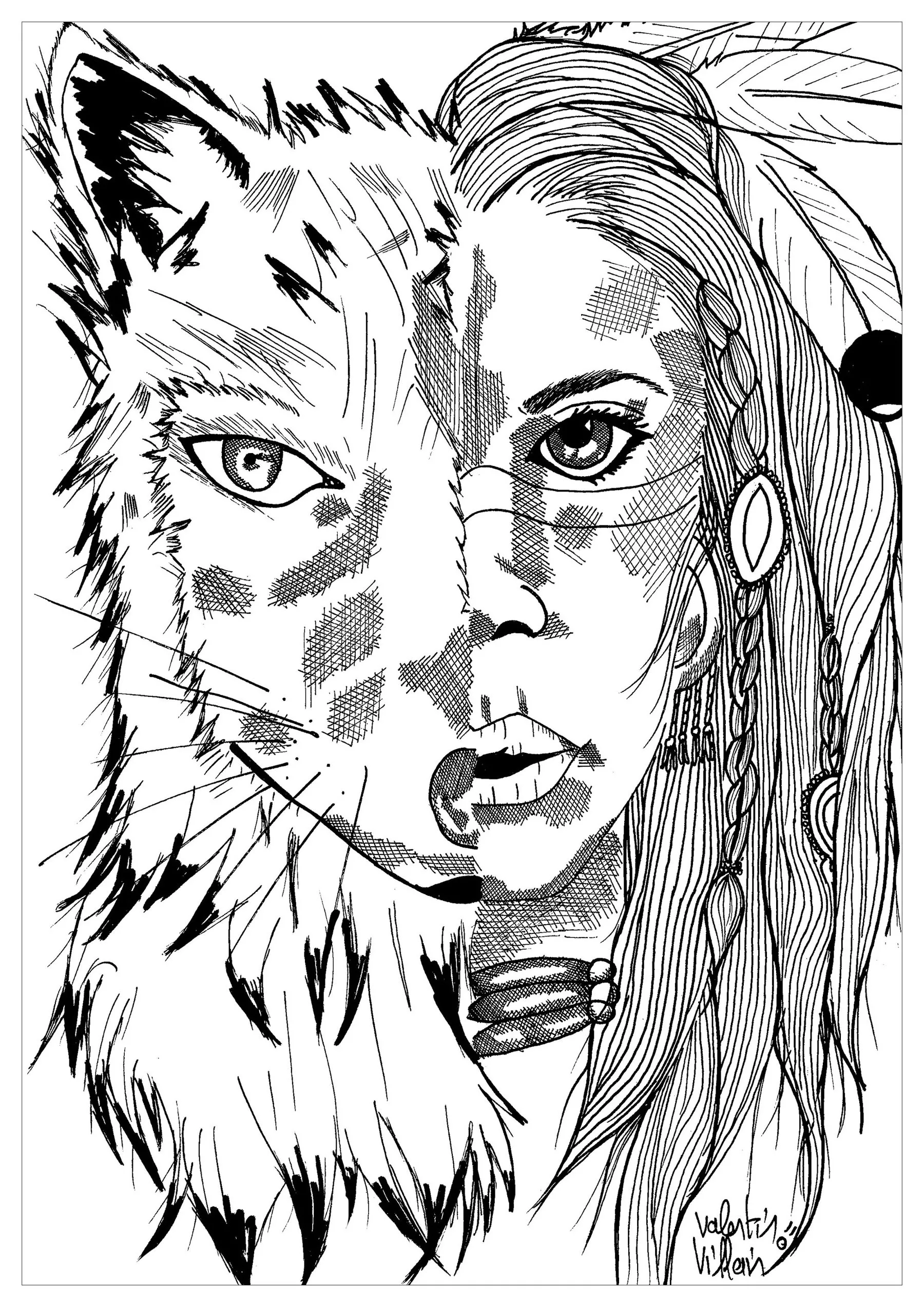 Blending the face of a young Indian girl and a wolf (Printable Native American Coloring Page for adults)