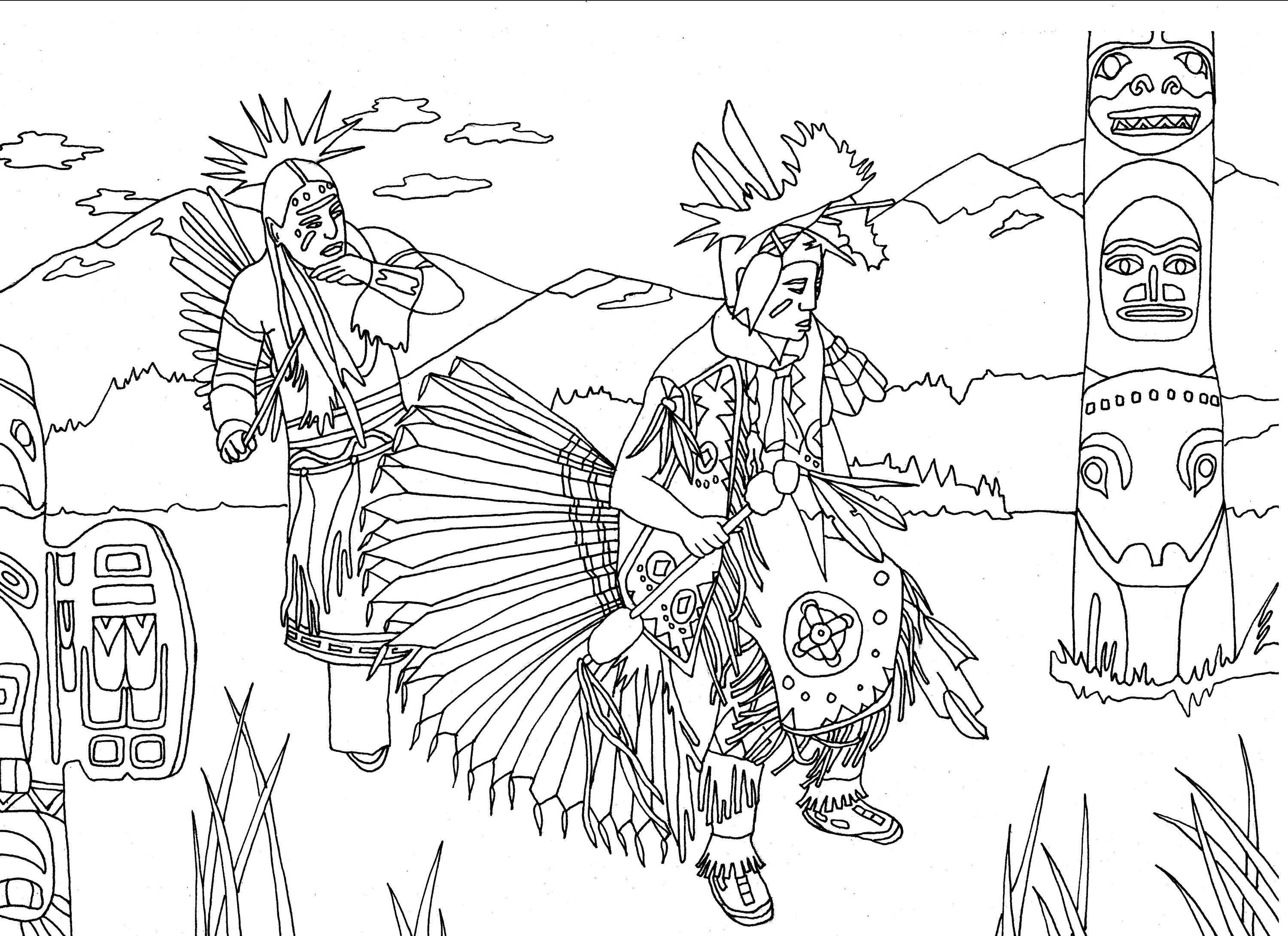 Native Americans dancing next to a Totem, Artist : Marion C