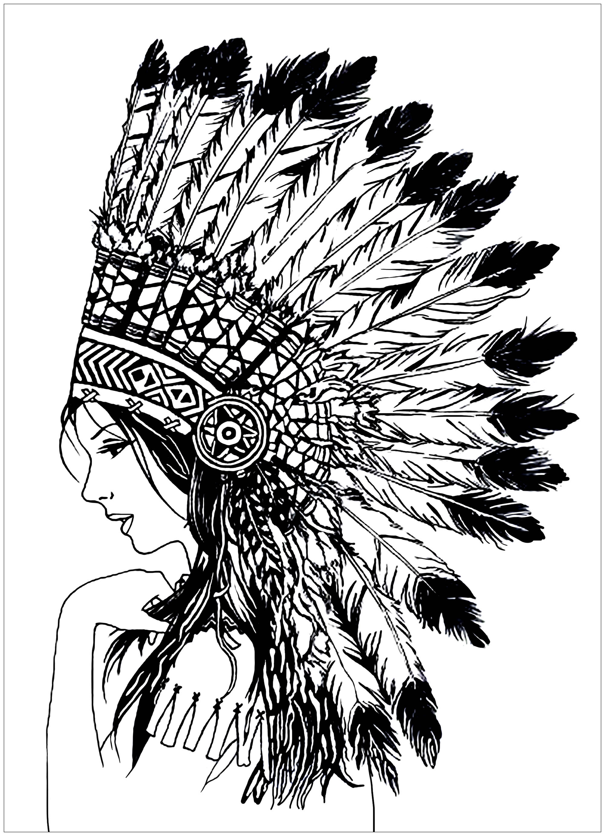 Beautiful Indian woman (Native American), with headdress with giant feathers, Artist : Art. Isabelle