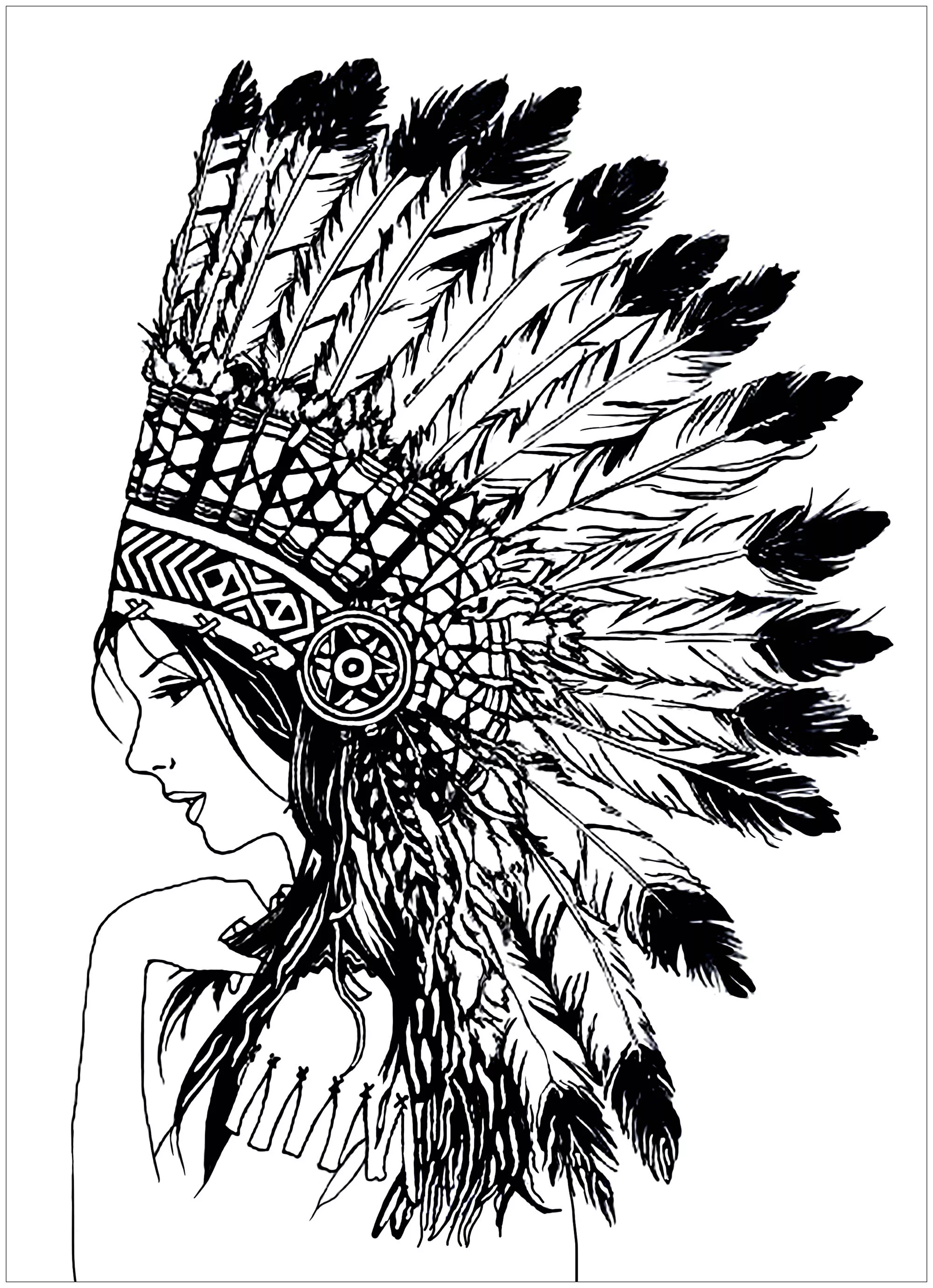 Beautiful indian woman (Printable Native American Coloring Page for adults)