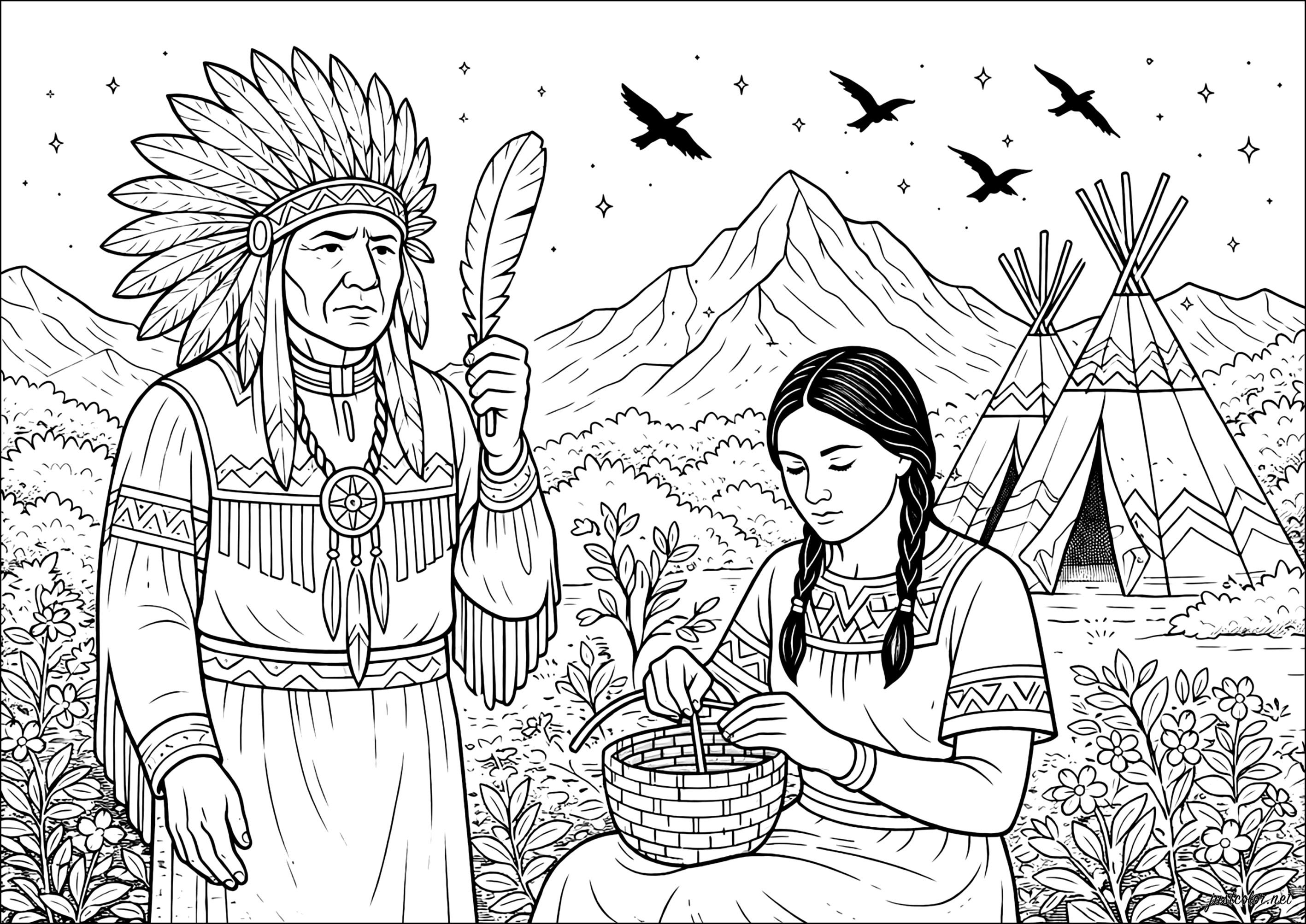 Daily life in tribal lands (Printable Native American Coloring Page for adults)