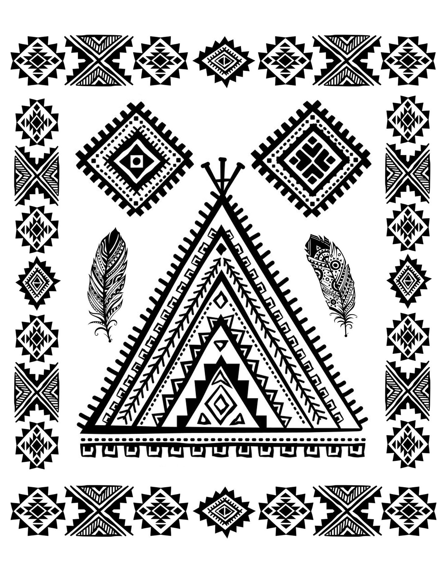 Coloring page native american abstract symbols and feather